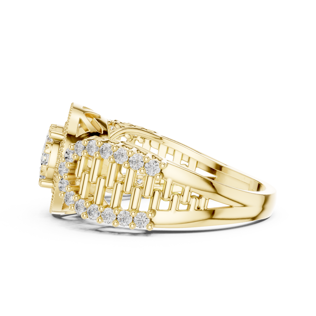 Round Cut Diamond Double Halo Cluster Ring with Split Shank