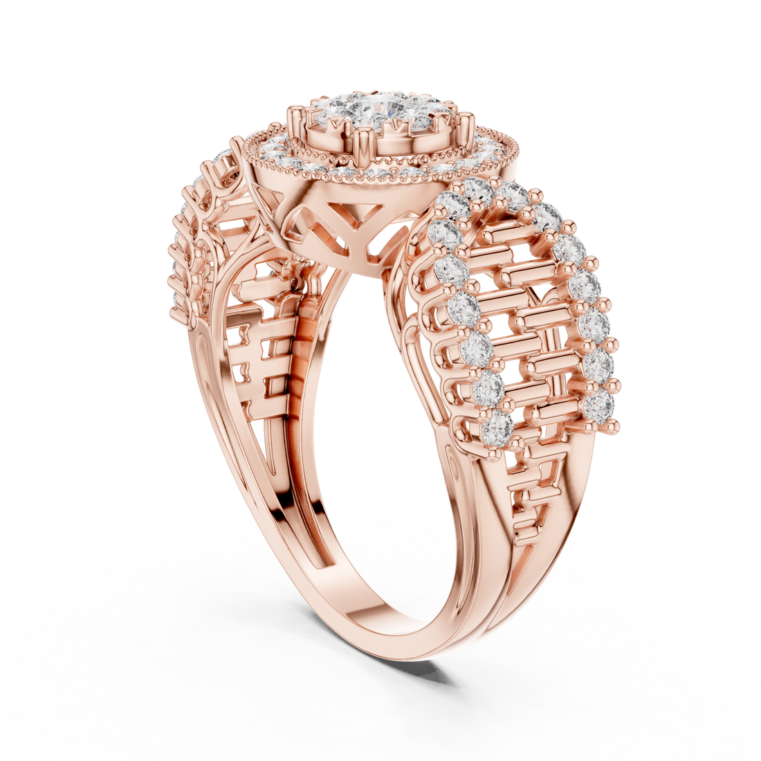 Round Cut Diamond Double Halo Cluster Ring with Split Shank