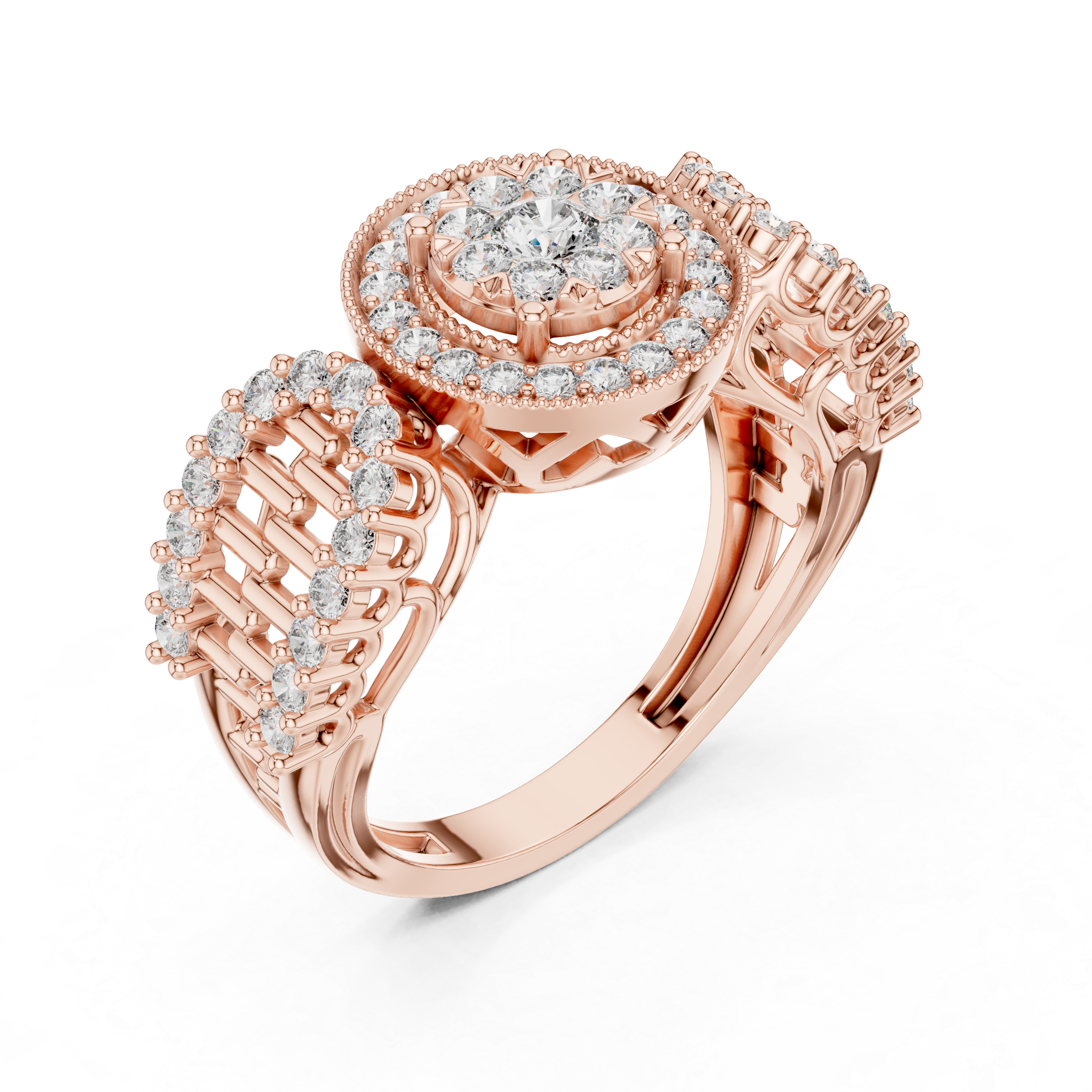 Round Cut Diamond Double Halo Cluster Ring with Split Shank