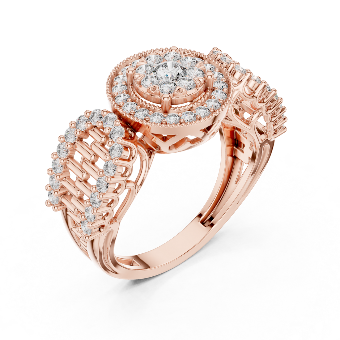 Round Cut Diamond Double Halo Cluster Ring with Split Shank