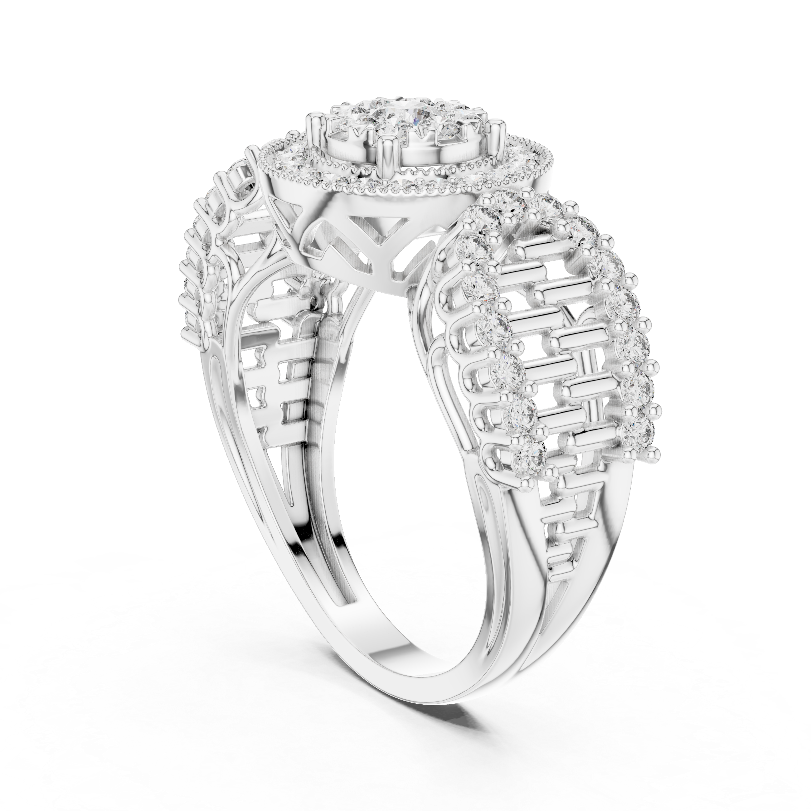 Round Cut Diamond Double Halo Cluster Ring with Split Shank