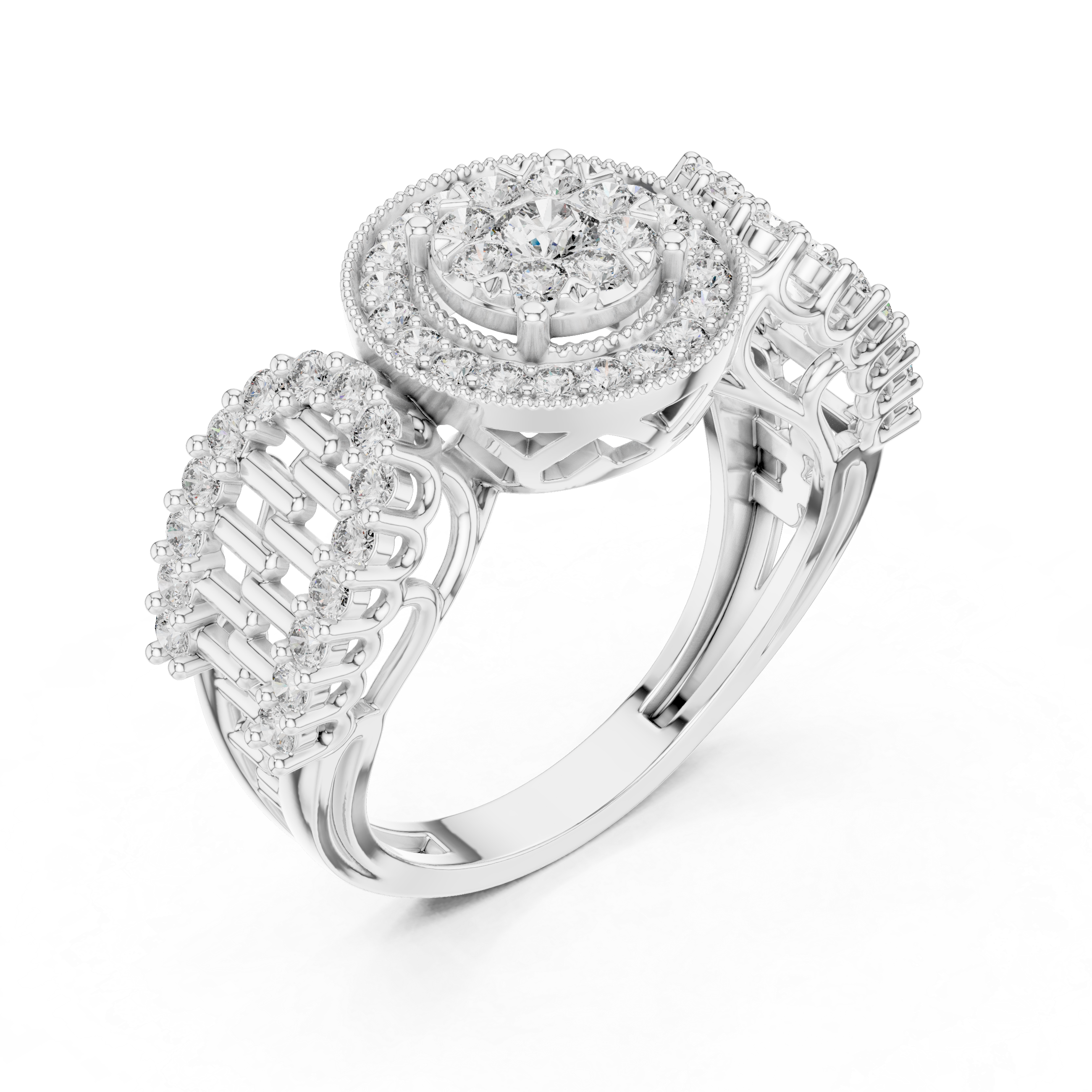 Round Cut Diamond Double Halo Cluster Ring with Split Shank