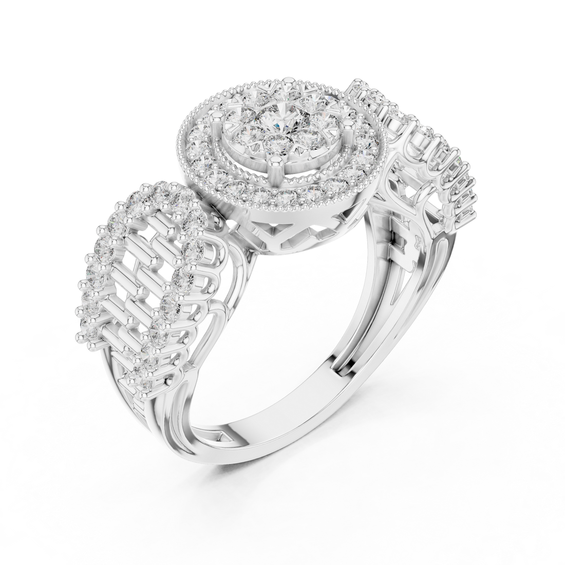 Round Cut Diamond Double Halo Cluster Ring with Split Shank