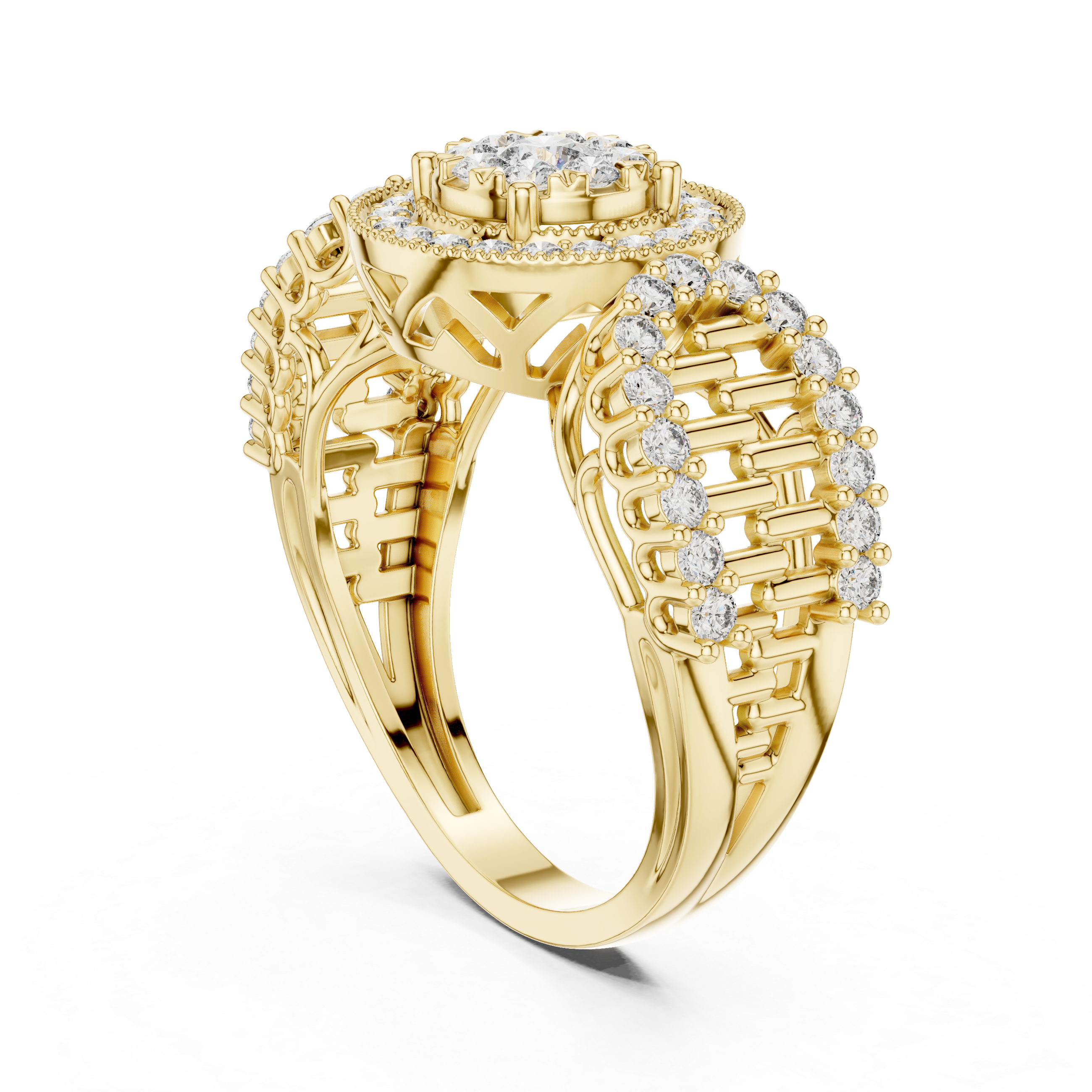 Round Cut Diamond Double Halo Cluster Ring with Split Shank