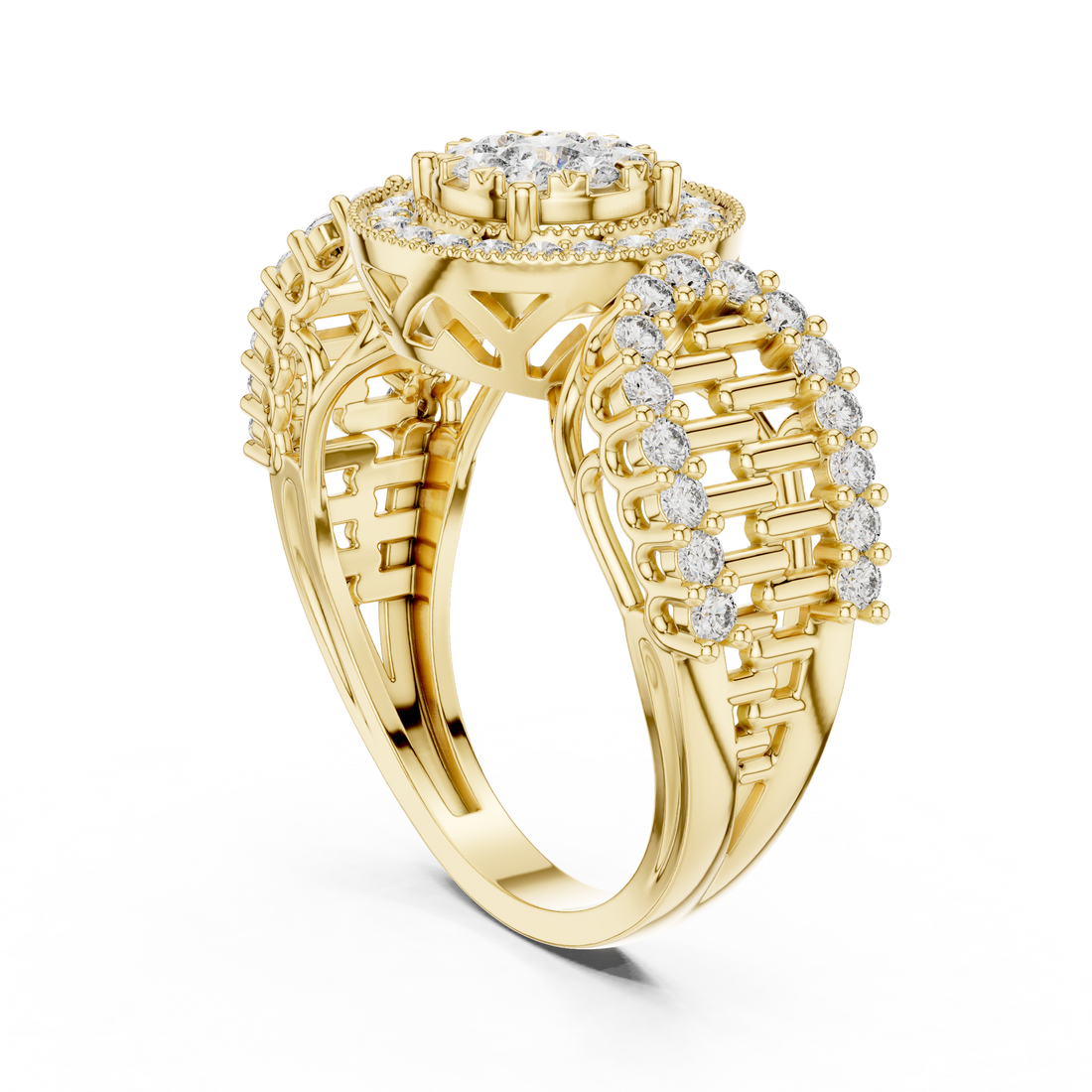 Round Cut Diamond Double Halo Cluster Ring with Split Shank