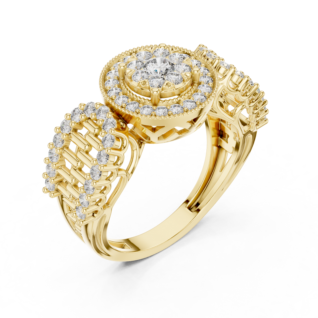 Round Cut Diamond Double Halo Cluster Ring with Split Shank