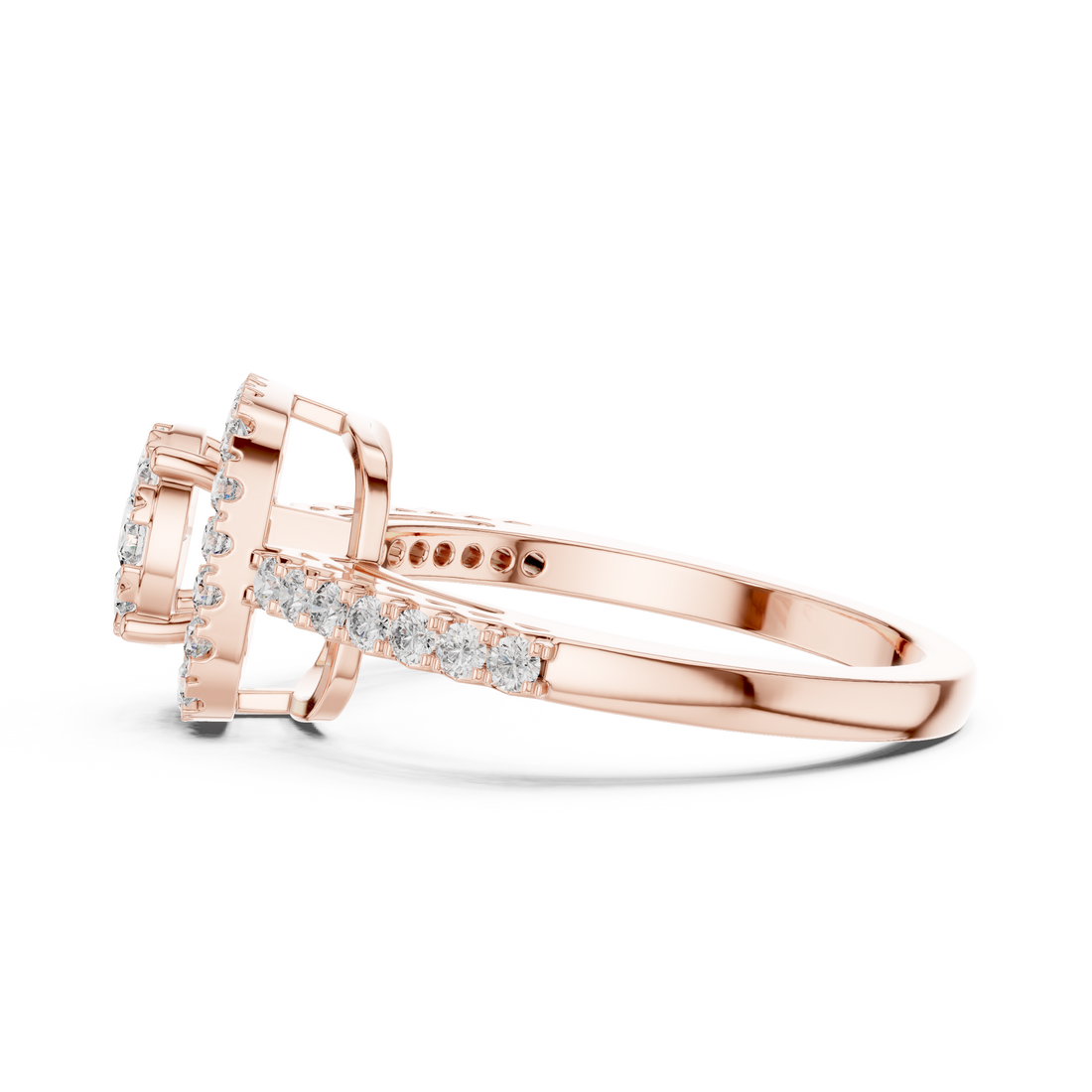 Round Cut Diamond Cushion Halo Engagement Ring with Pavé Band