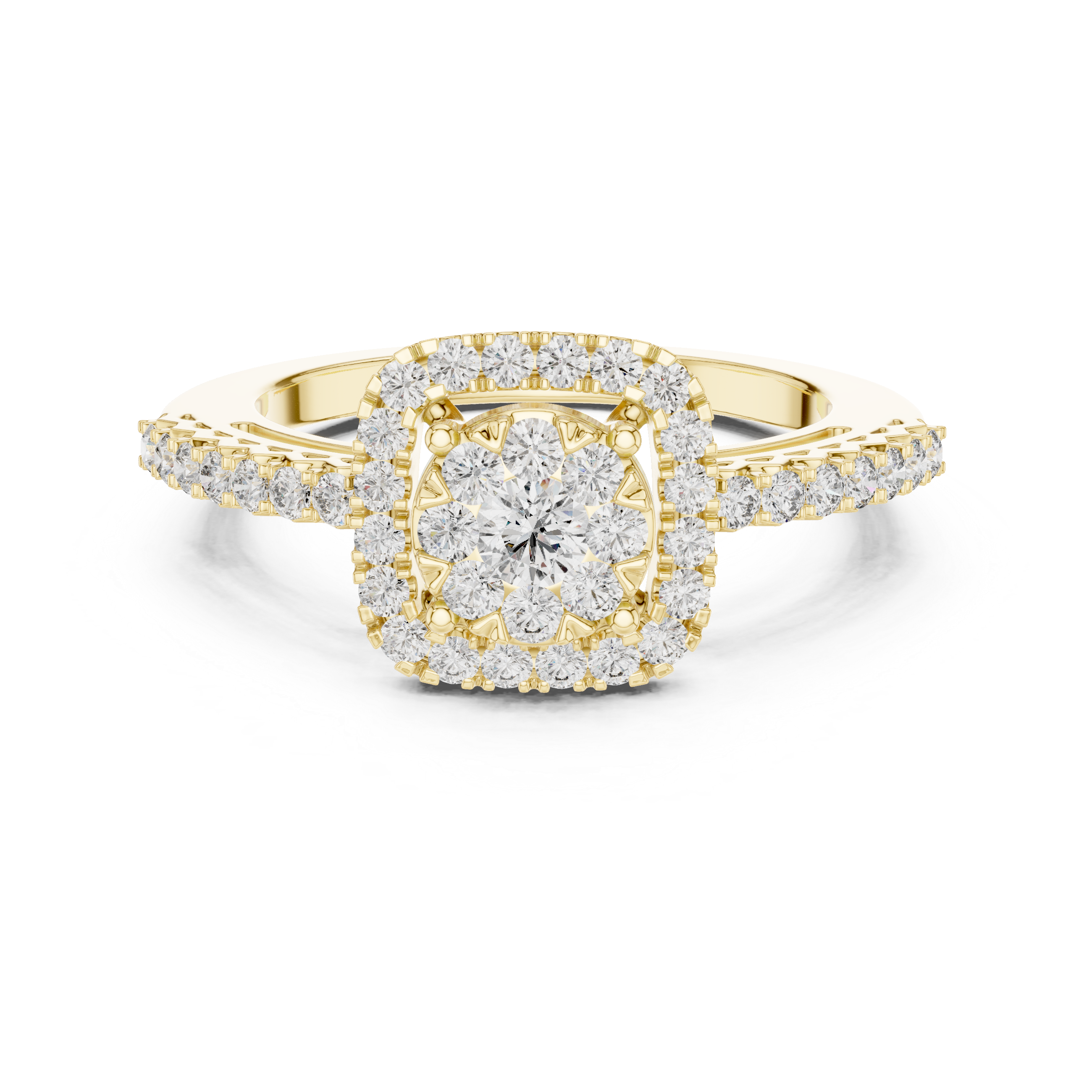 Round Cut Diamond Cushion Halo Engagement Ring with Pavé Band