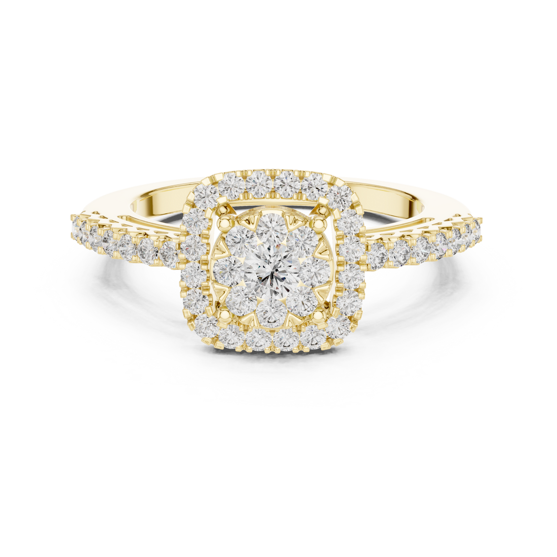 Round Cut Diamond Cushion Halo Engagement Ring with Pavé Band