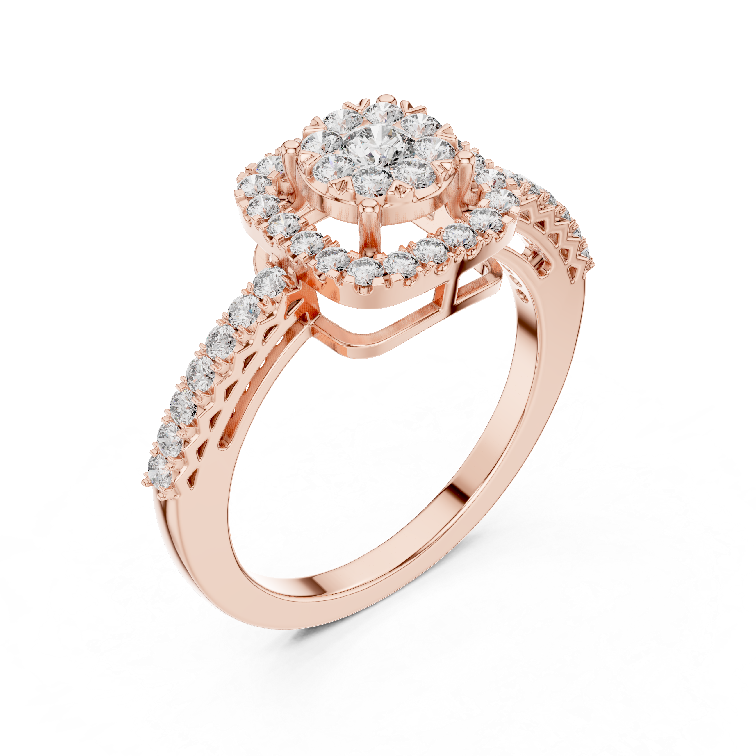 Round Cut Diamond Cushion Halo Engagement Ring with Pavé Band