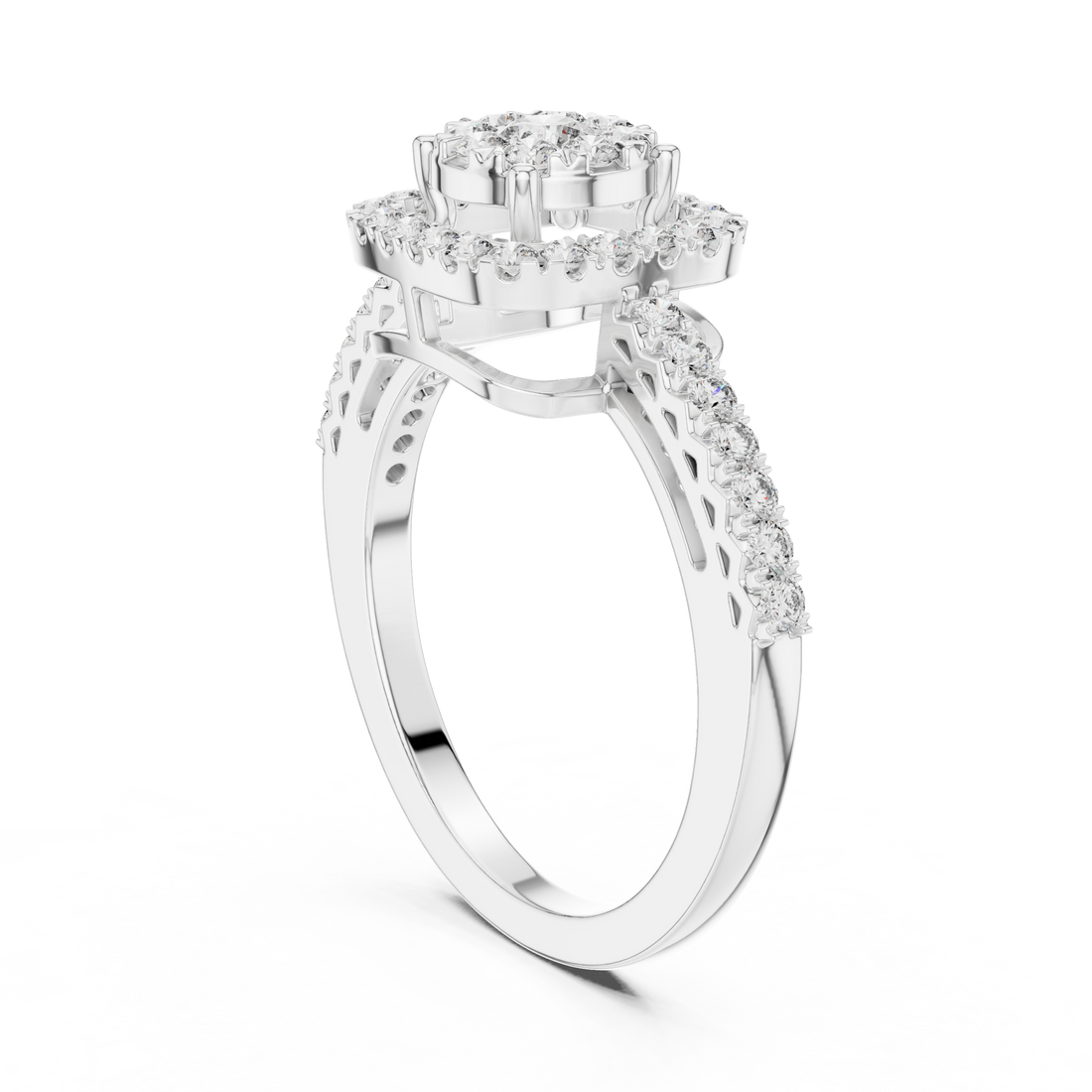 Round Cut Diamond Cushion Halo Engagement Ring with Pavé Band