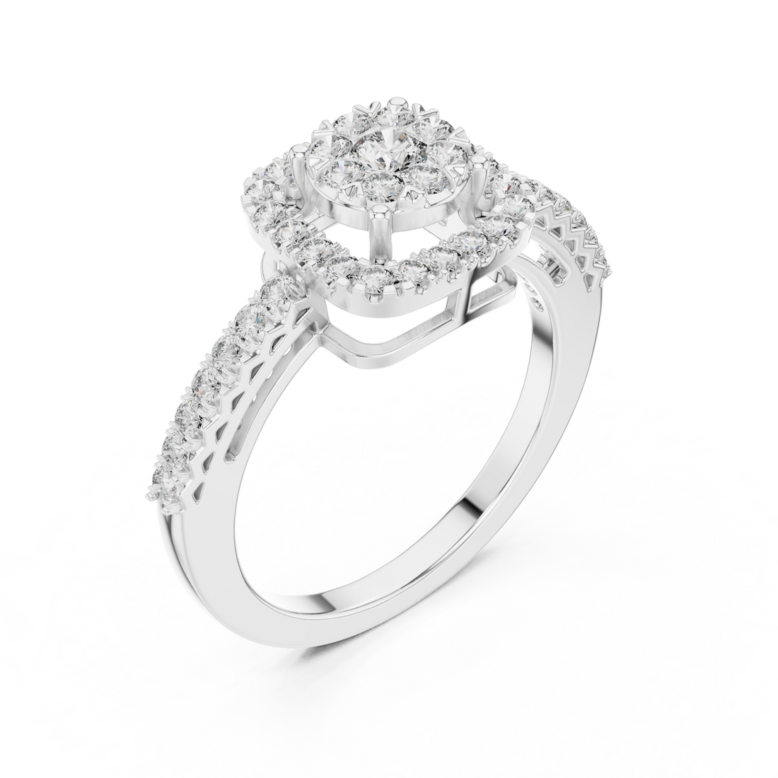 Round Cut Diamond Cushion Halo Engagement Ring with Pavé Band