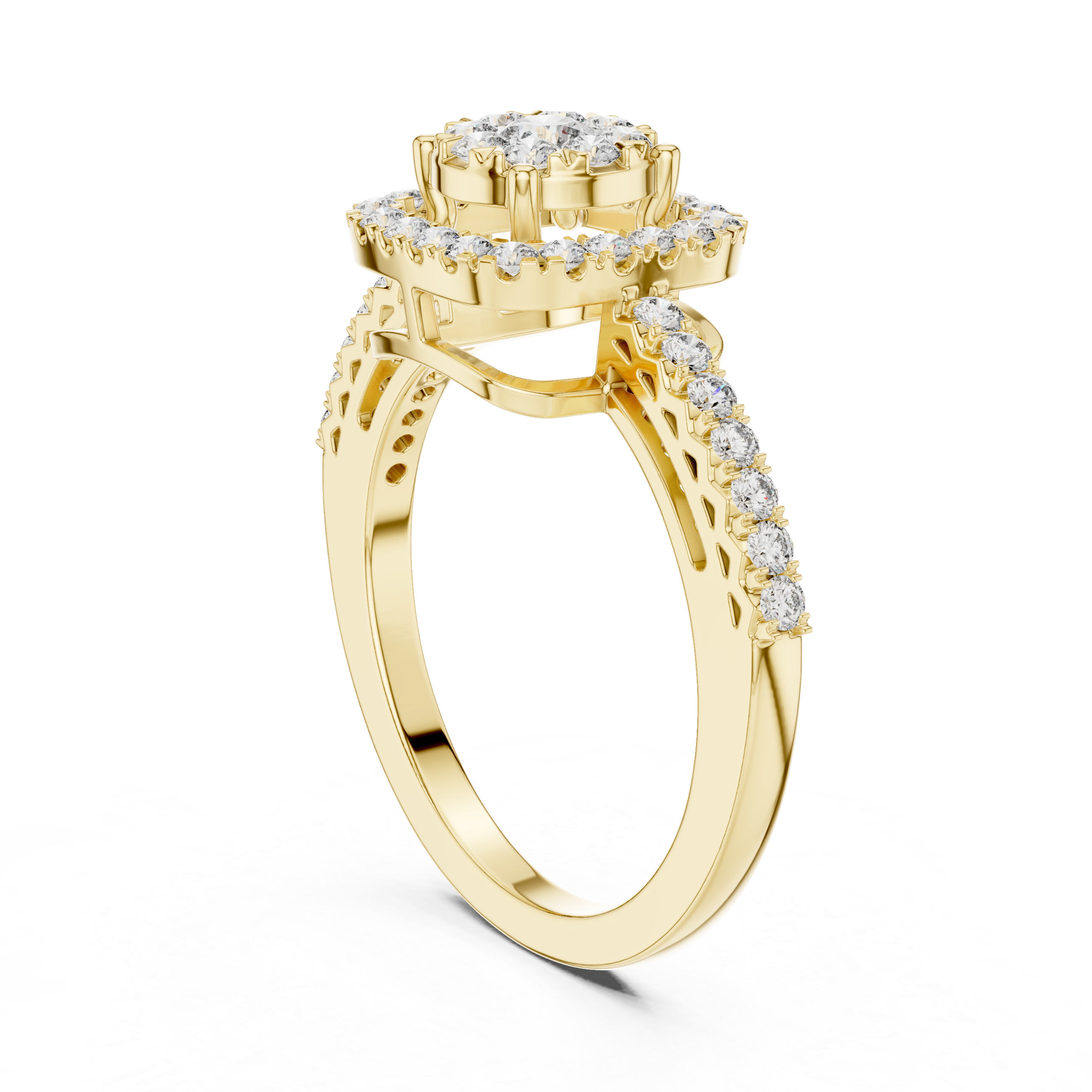 Round Cut Diamond Cushion Halo Engagement Ring with Pavé Band