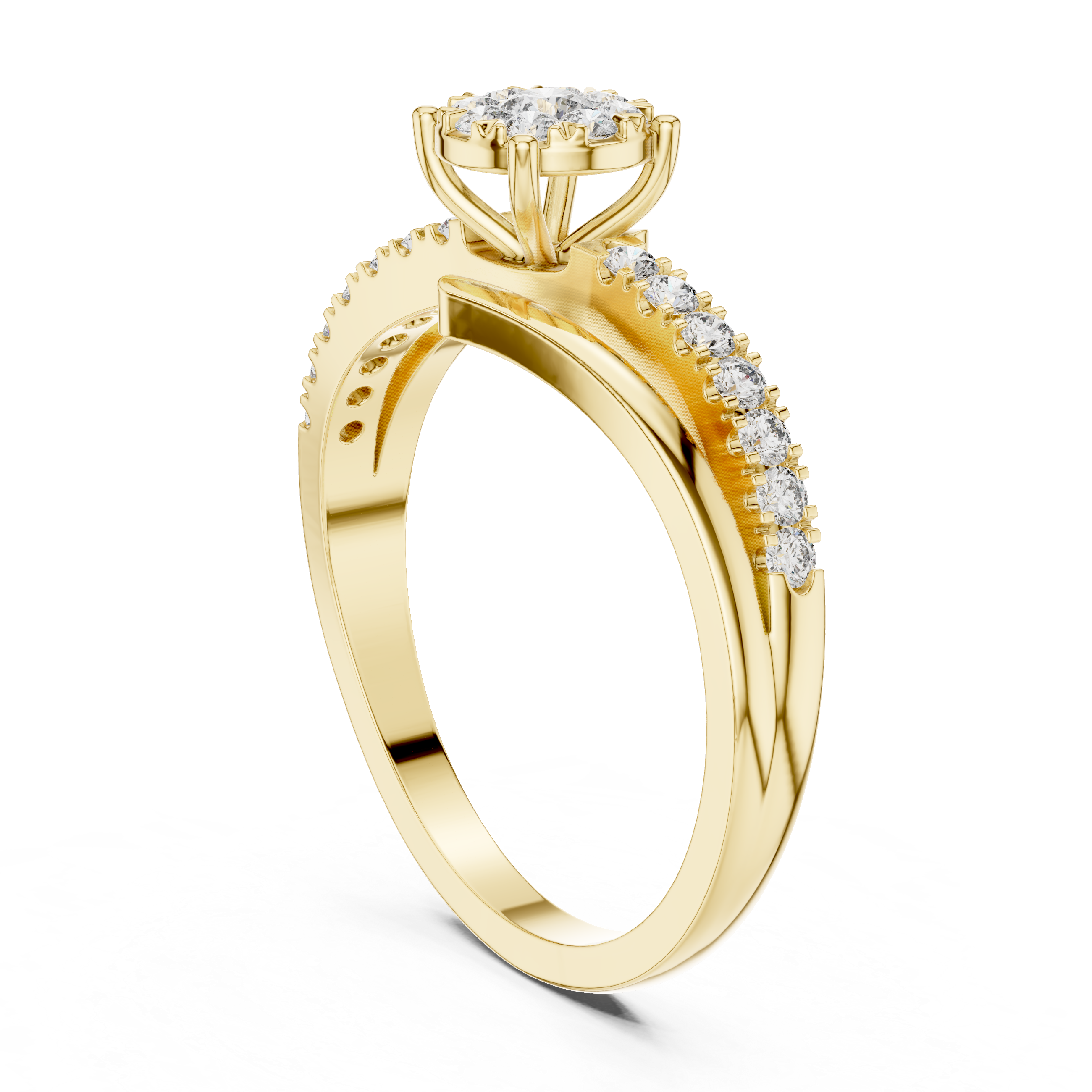 Sparkling cluster CZ diamond ring crafted in yellow gold finish with multiple stones arranged beautifully.