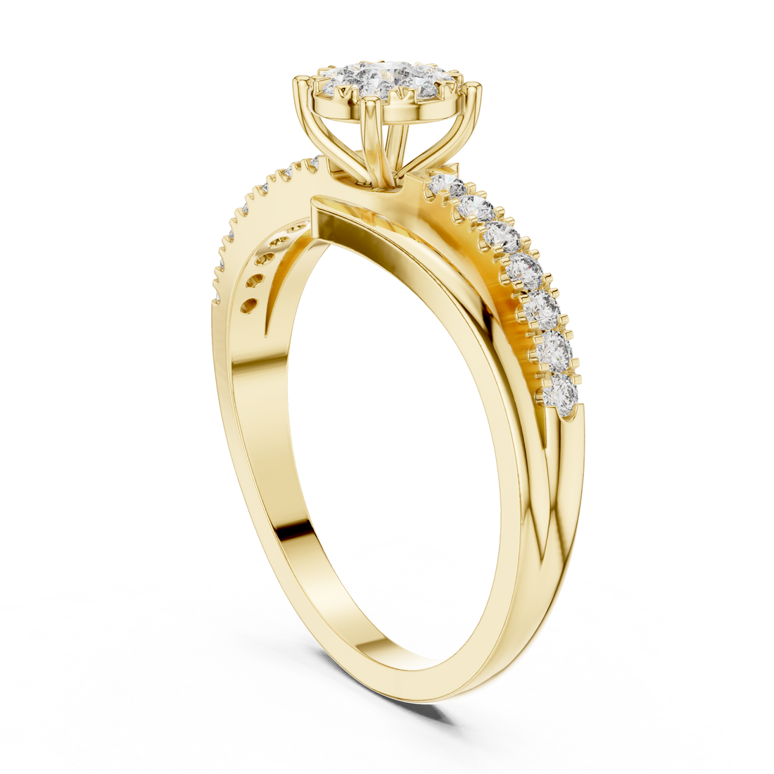Sparkling cluster CZ diamond ring crafted in yellow gold finish with multiple stones arranged beautifully.