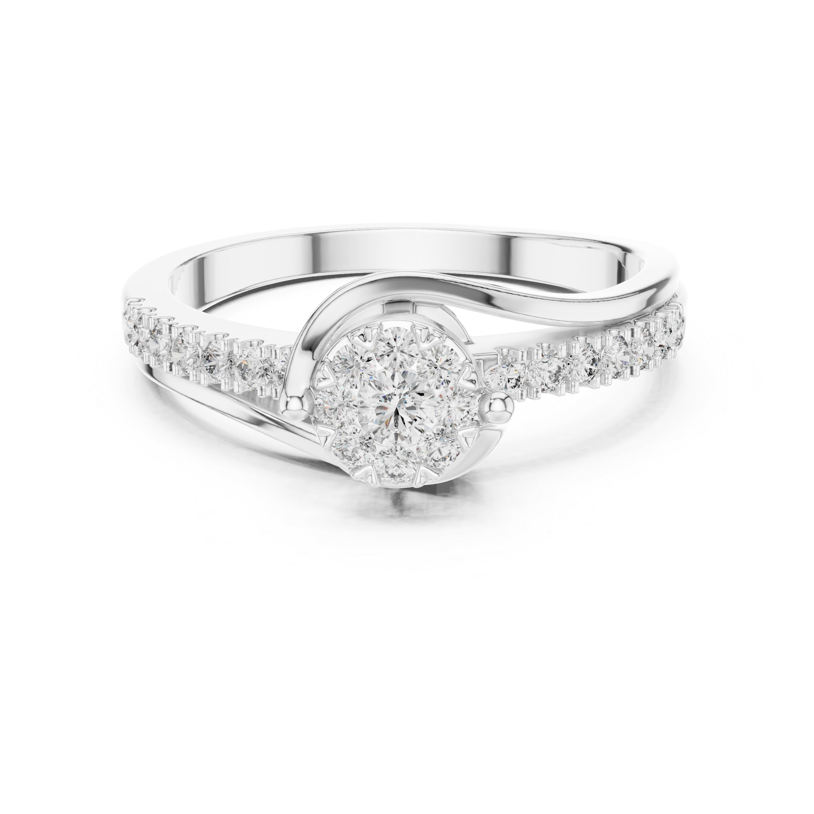 Round Cut Diamond Cluster Twist Side Stone Ring