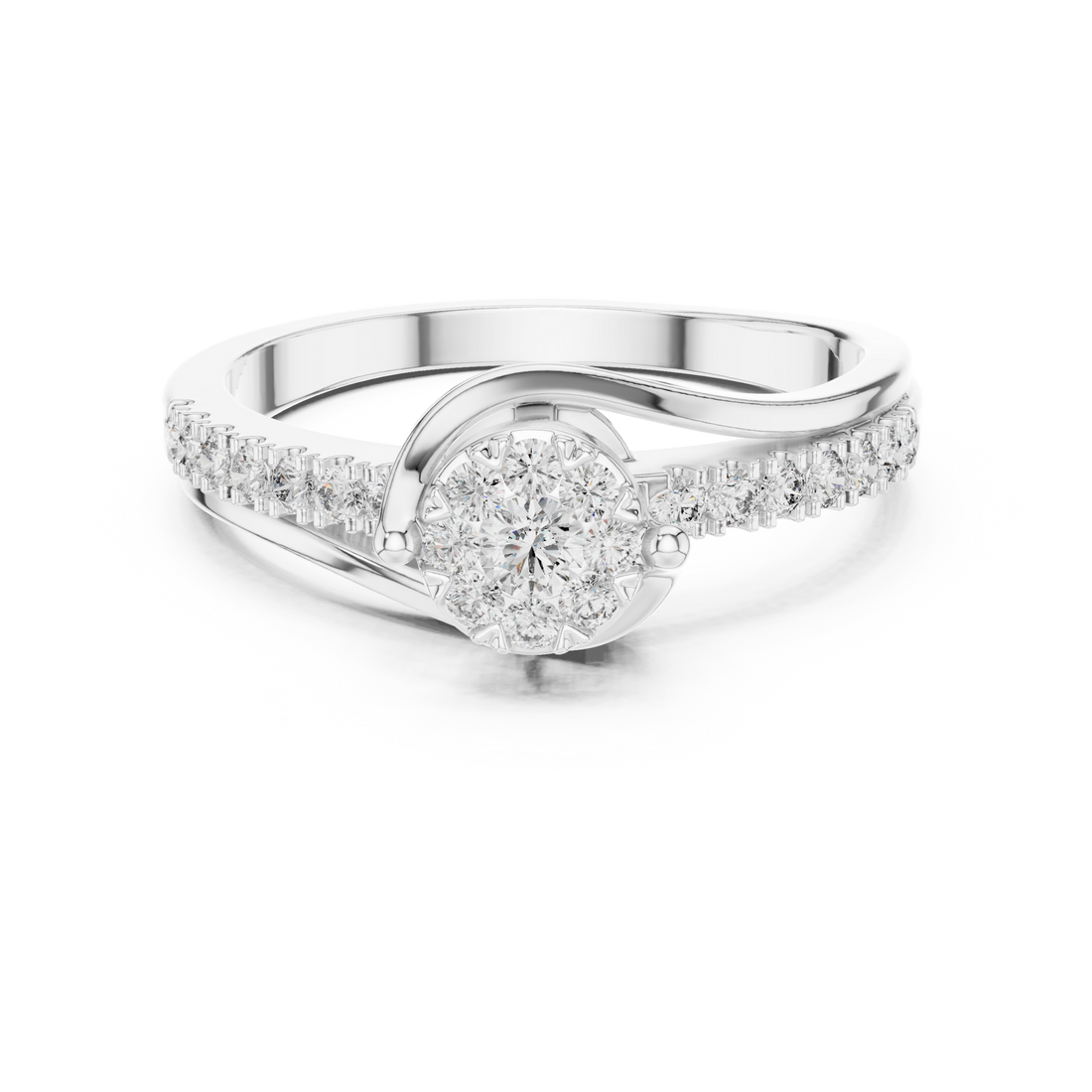 Round Cut Diamond Cluster Twist Side Stone Ring