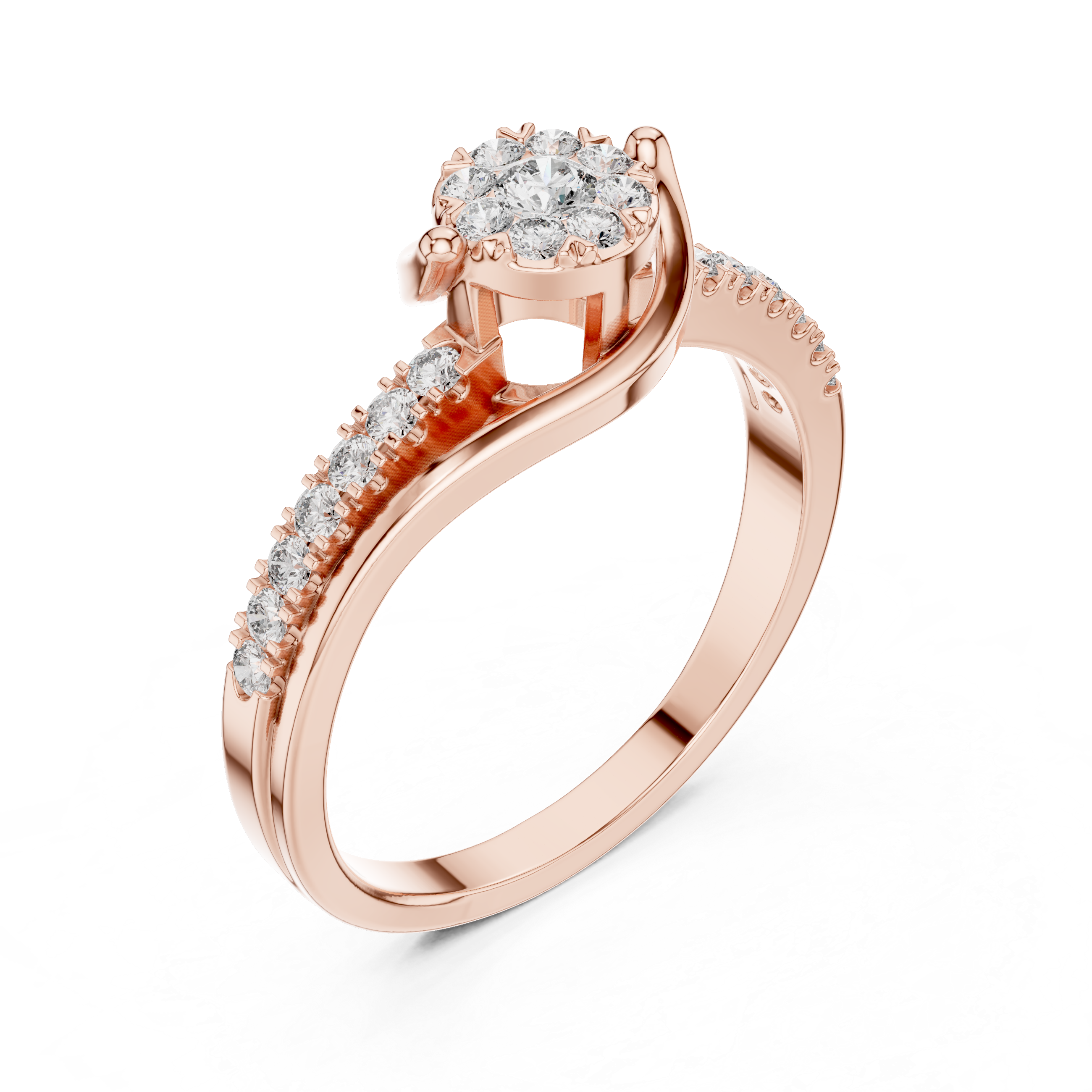 Round Cut Diamond Cluster Twist Side Stone Ring