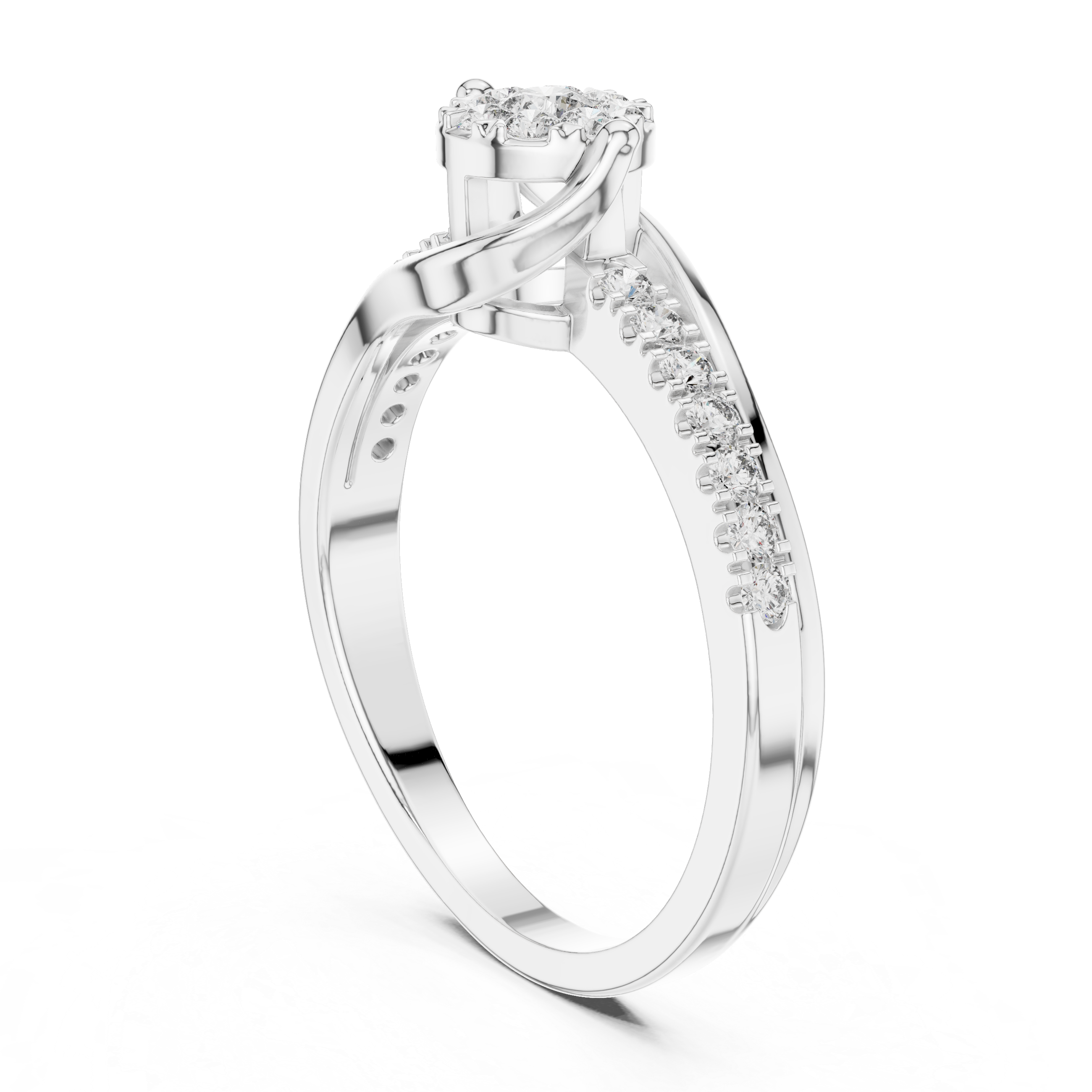 Round Cut Diamond Cluster Twist Side Stone Ring