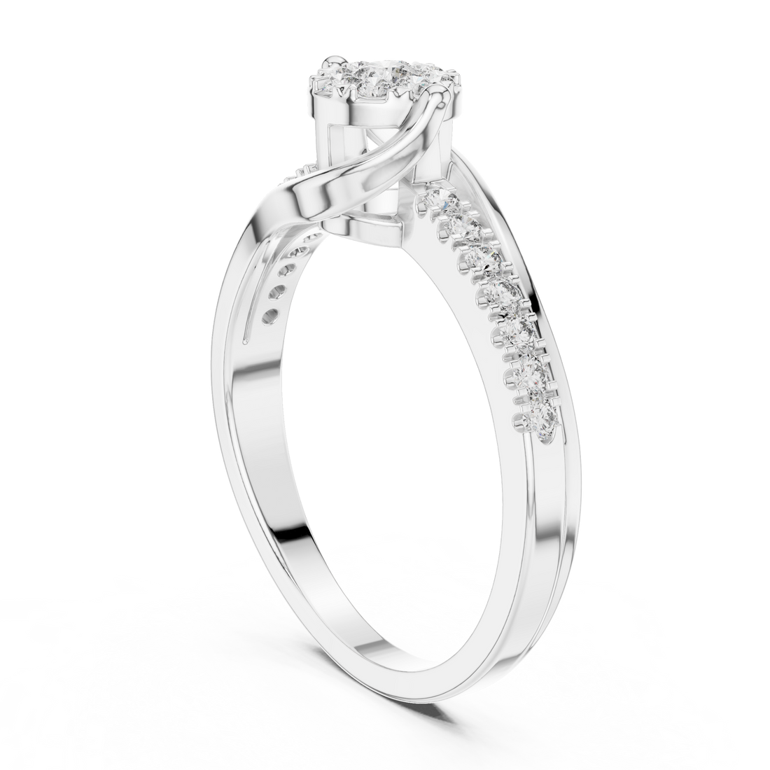 Round Cut Diamond Cluster Twist Side Stone Ring