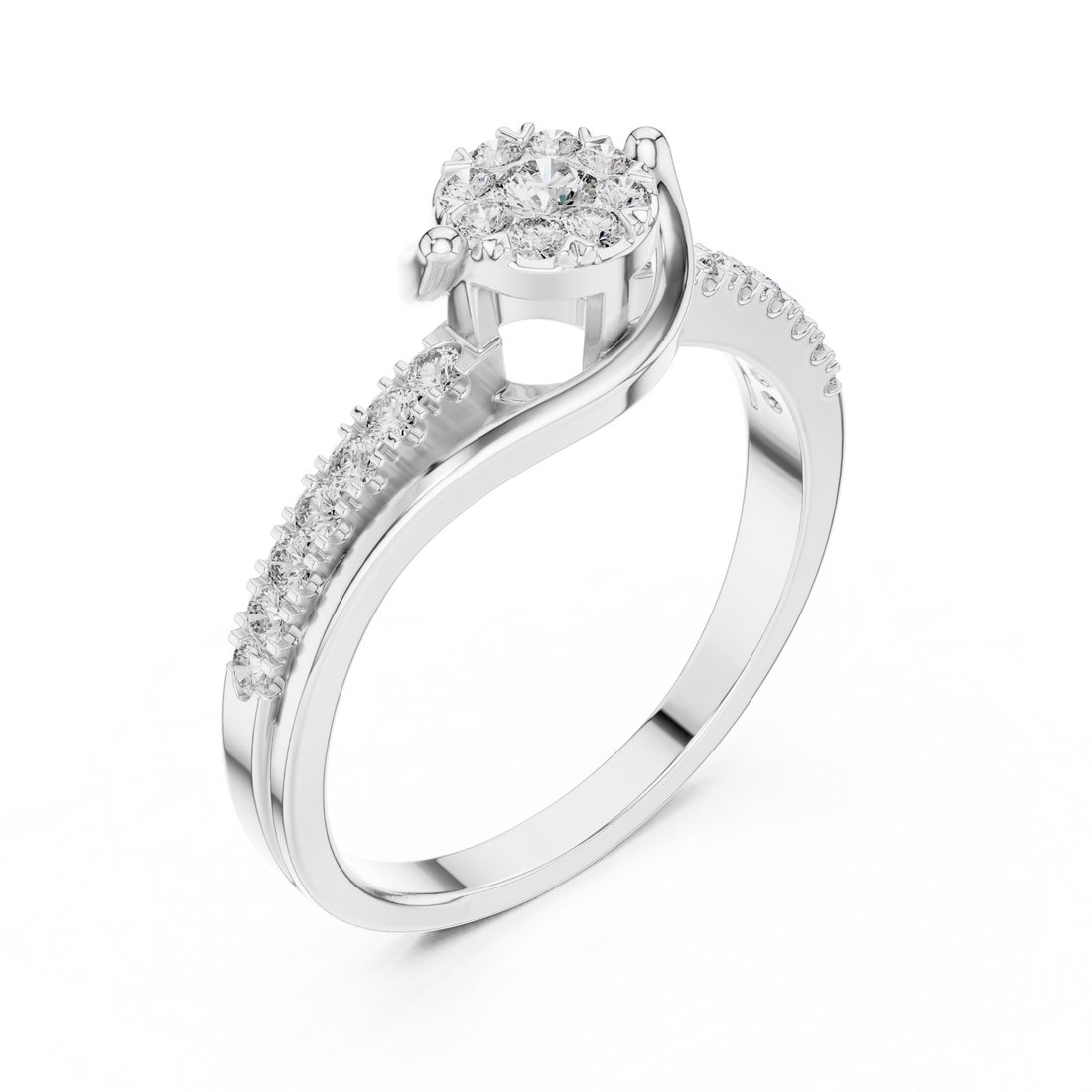 Round Cut Diamond Cluster Twist Side Stone Ring