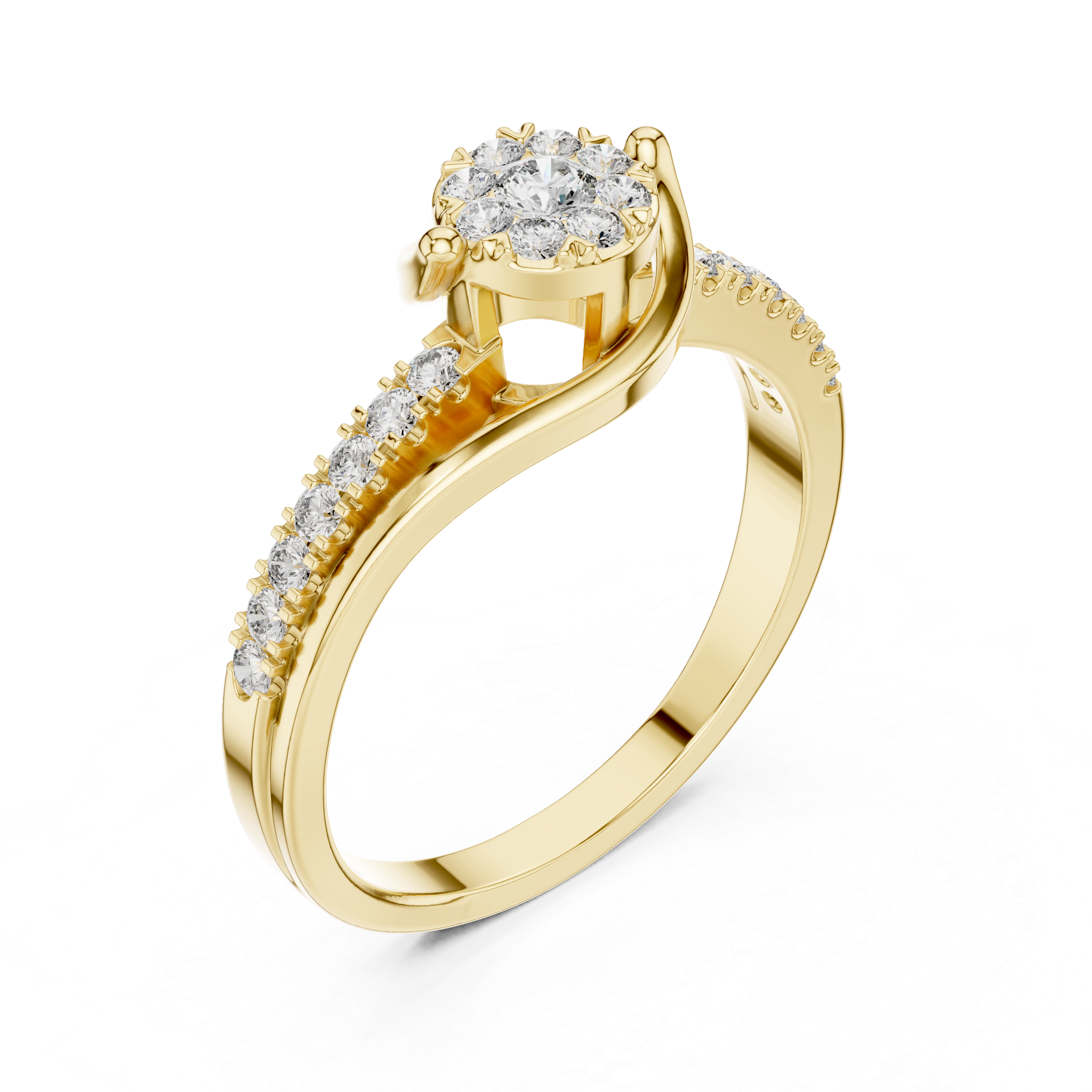 Round Cut Diamond Cluster Twist Side Stone Ring