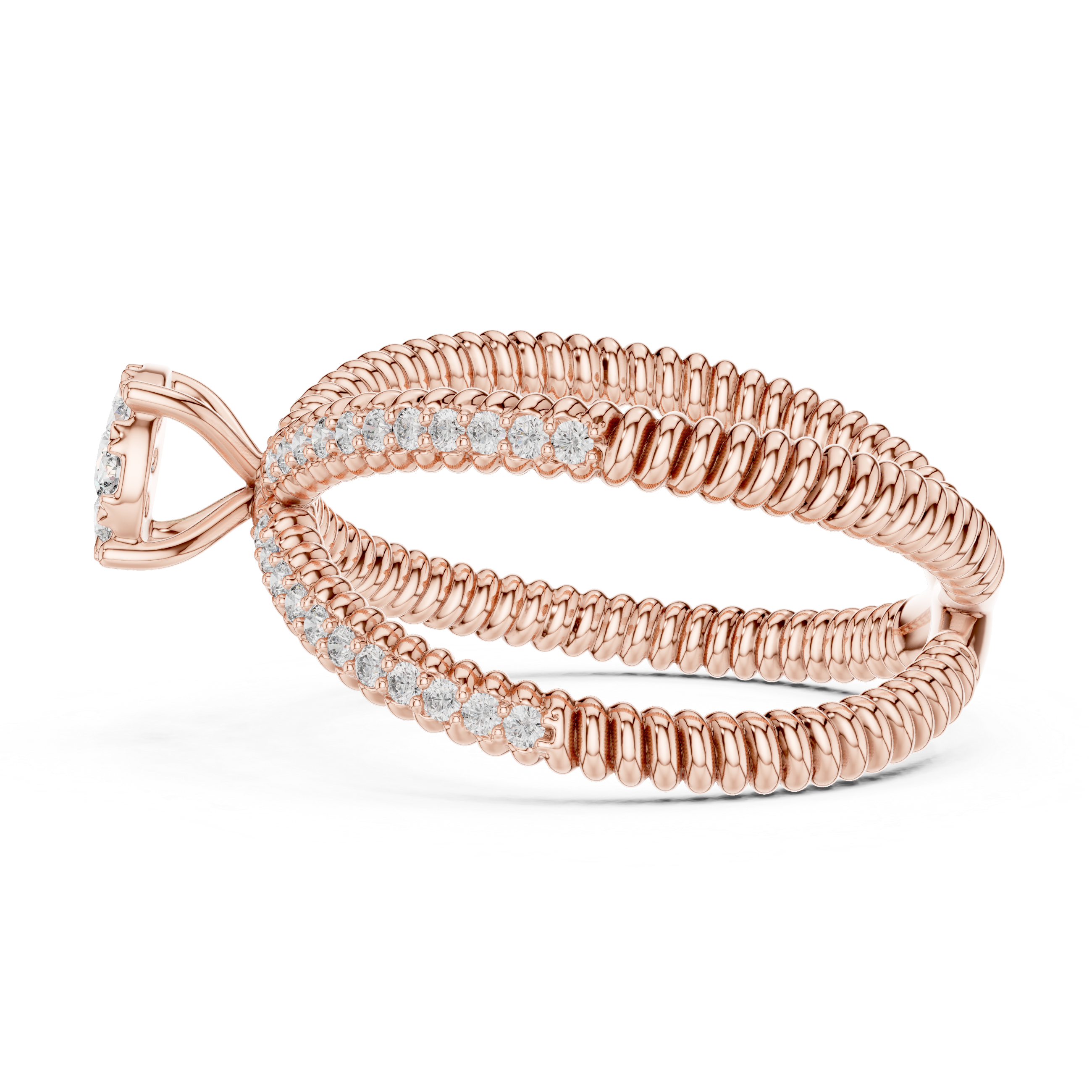 Round Cut Diamond Halo Cluster Crossover Twist Ring