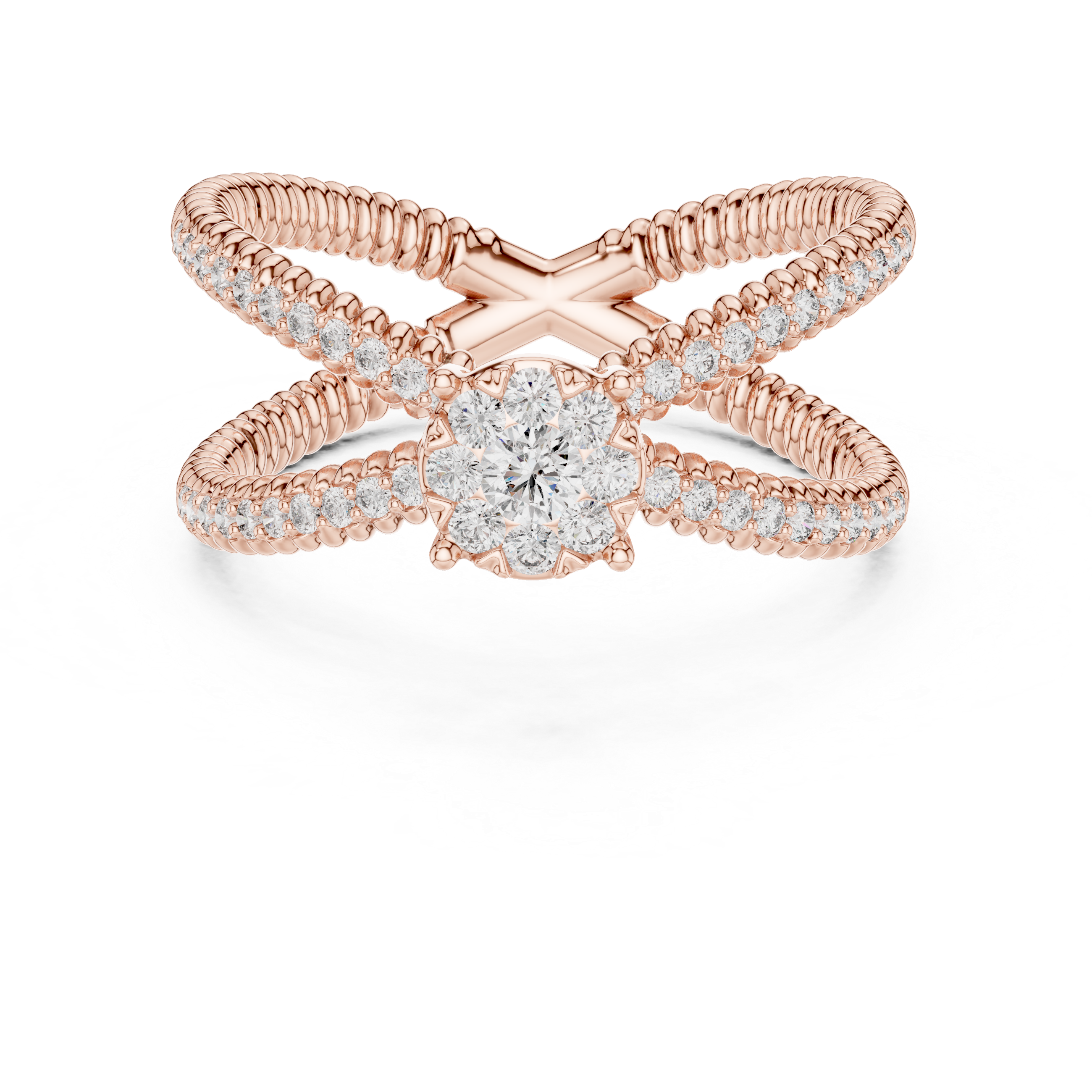 Round Cut Diamond Halo Cluster Crossover Twist Ring