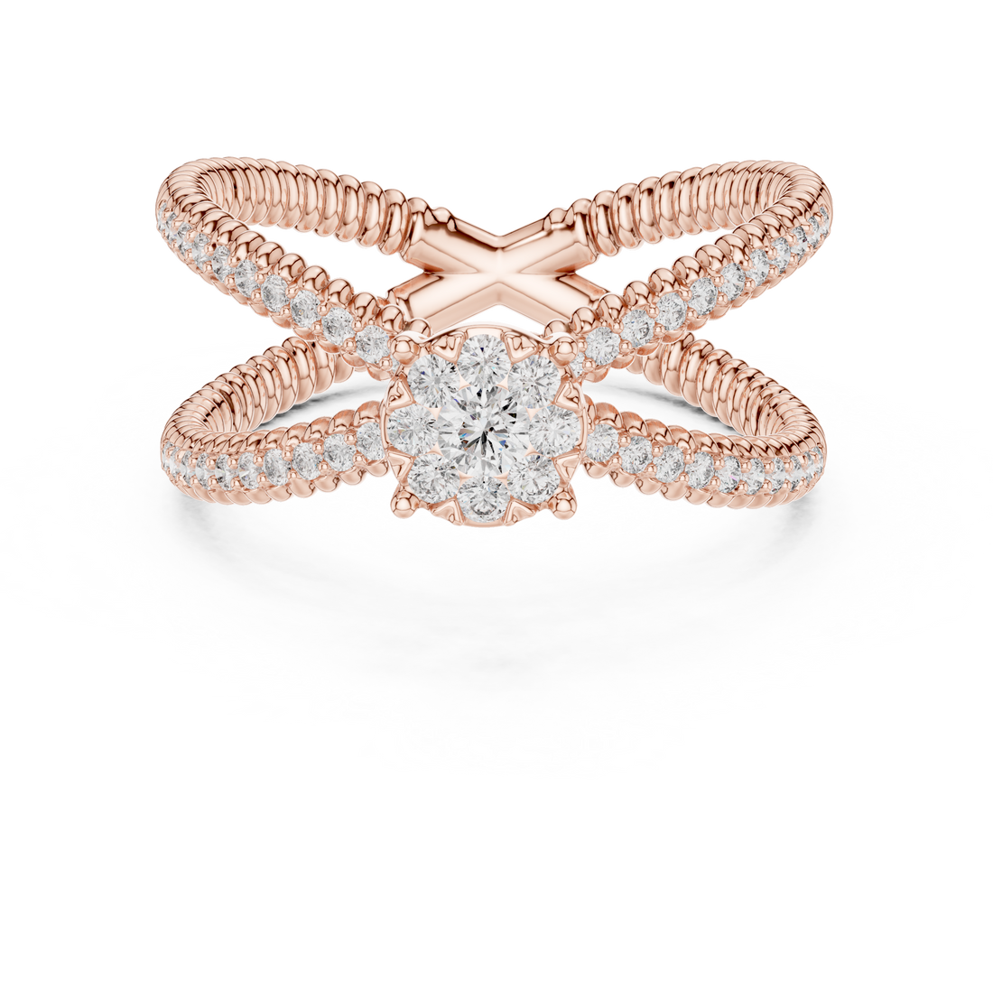 Round Cut Diamond Halo Cluster Crossover Twist Ring