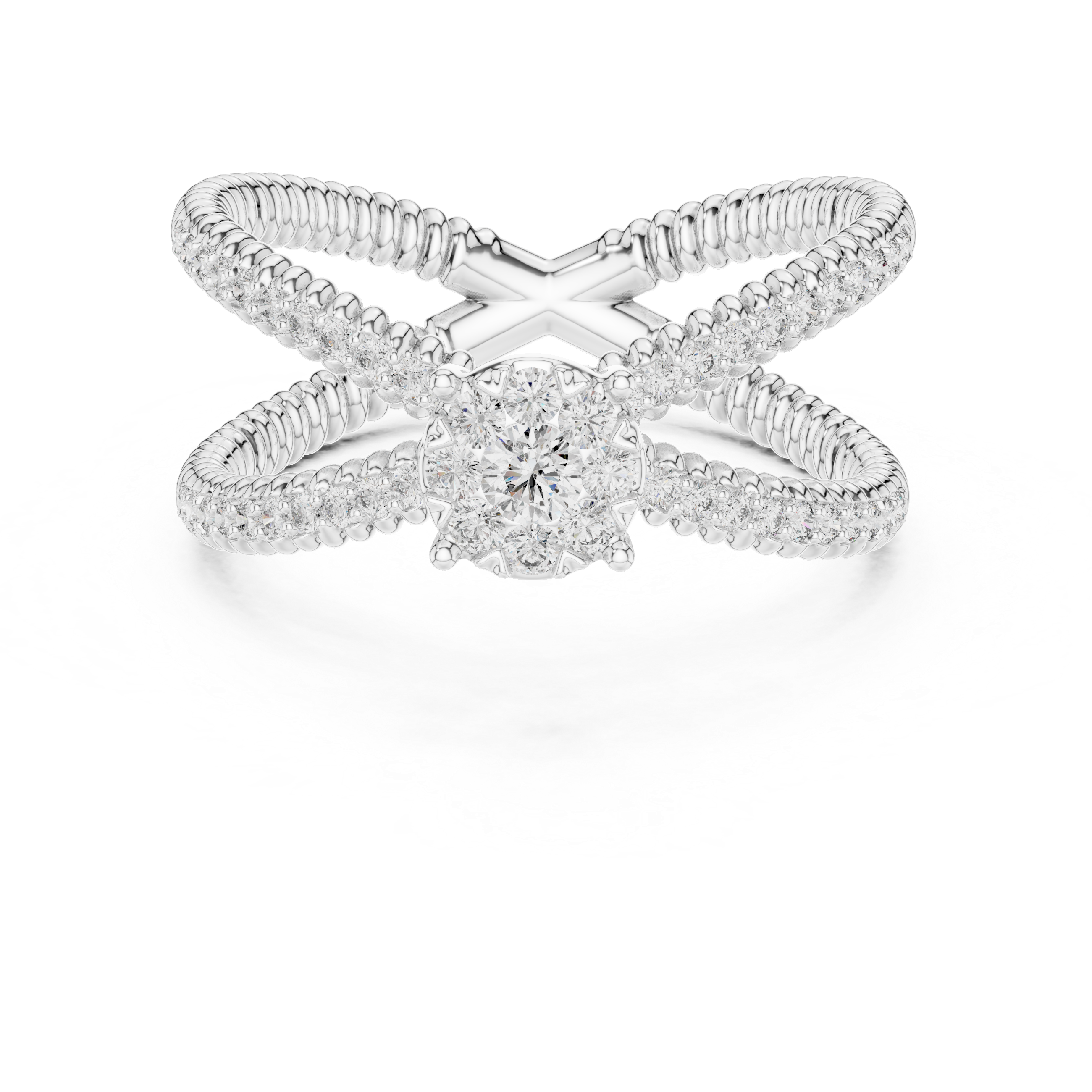 Round Cut Diamond Halo Cluster Crossover Twist Ring