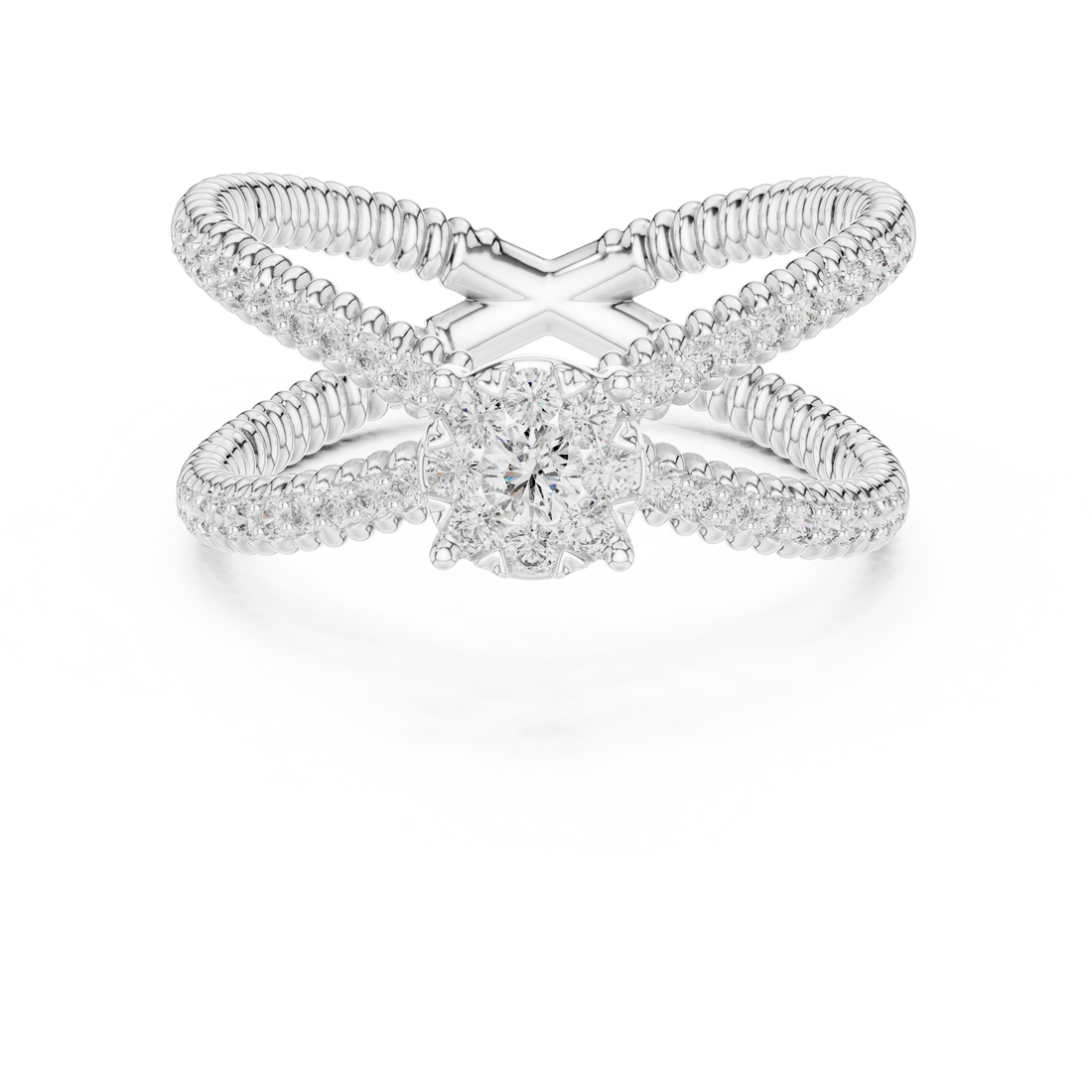 Round Cut Diamond Halo Cluster Crossover Twist Ring