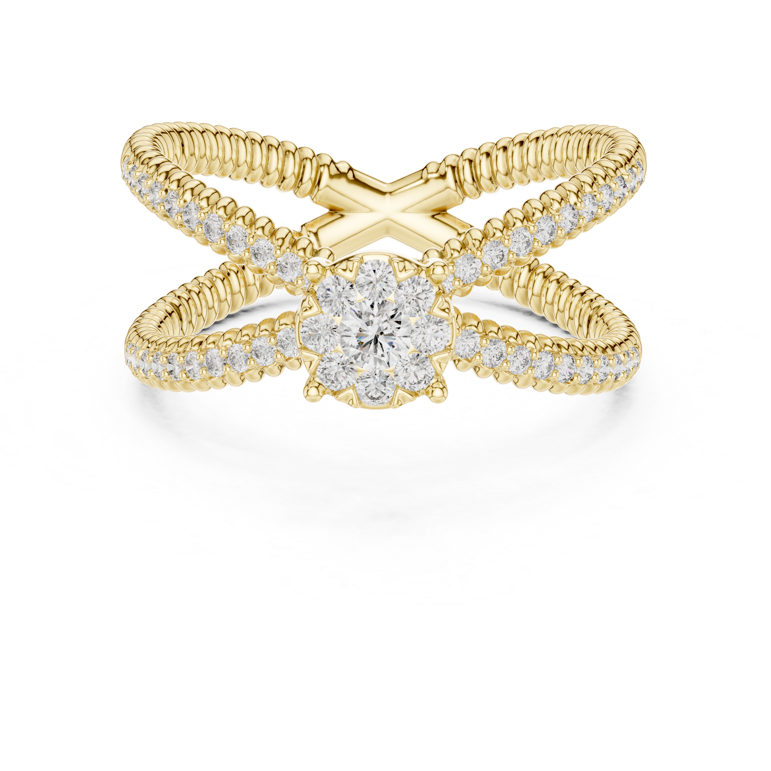 Round Cut Diamond Halo Cluster Crossover Twist Ring