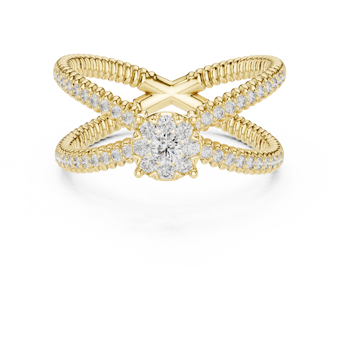 Round Cut Diamond Halo Cluster Crossover Twist Ring