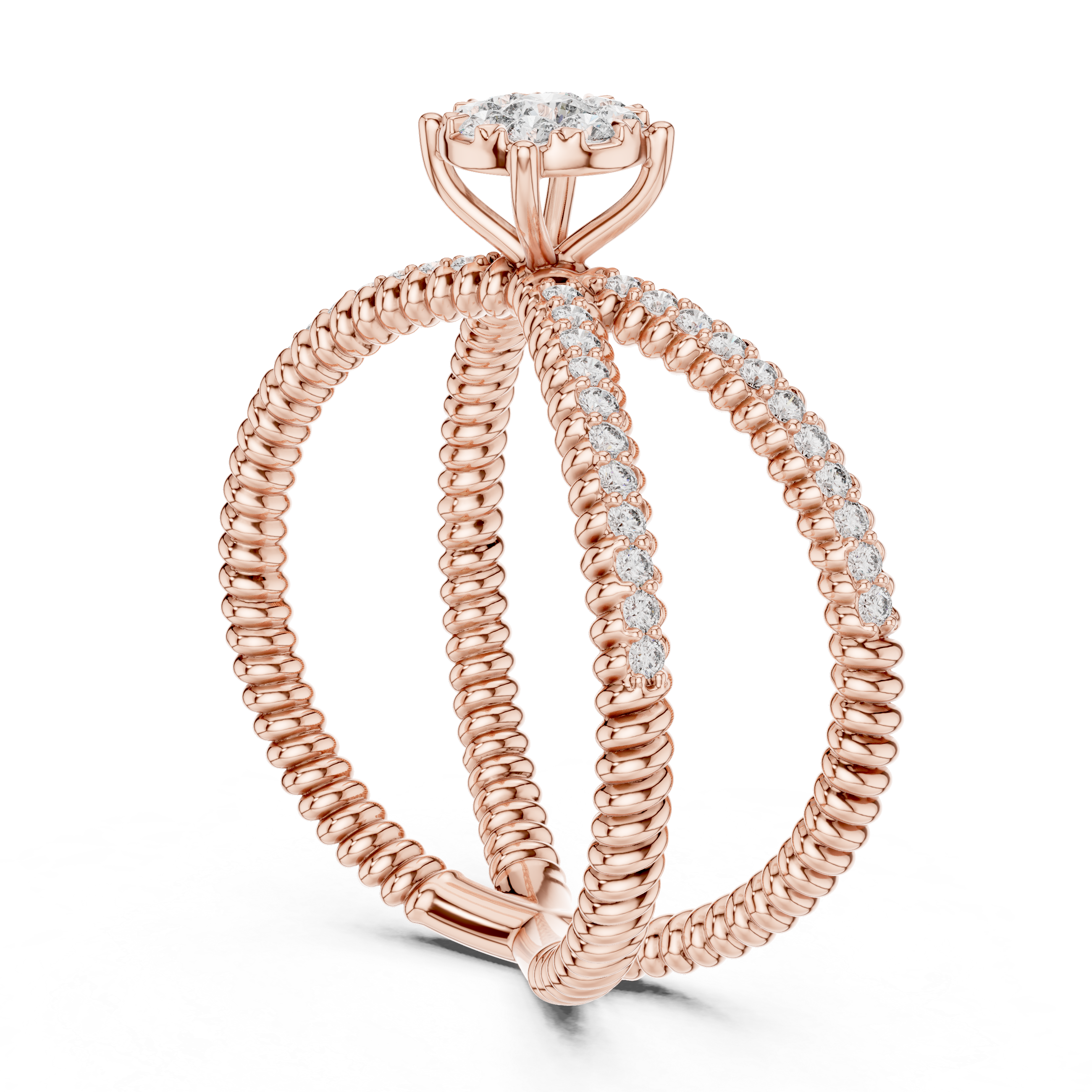 Round Cut Diamond Halo Cluster Crossover Twist Ring