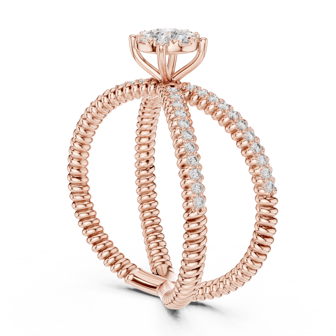 Round Cut Diamond Halo Cluster Crossover Twist Ring