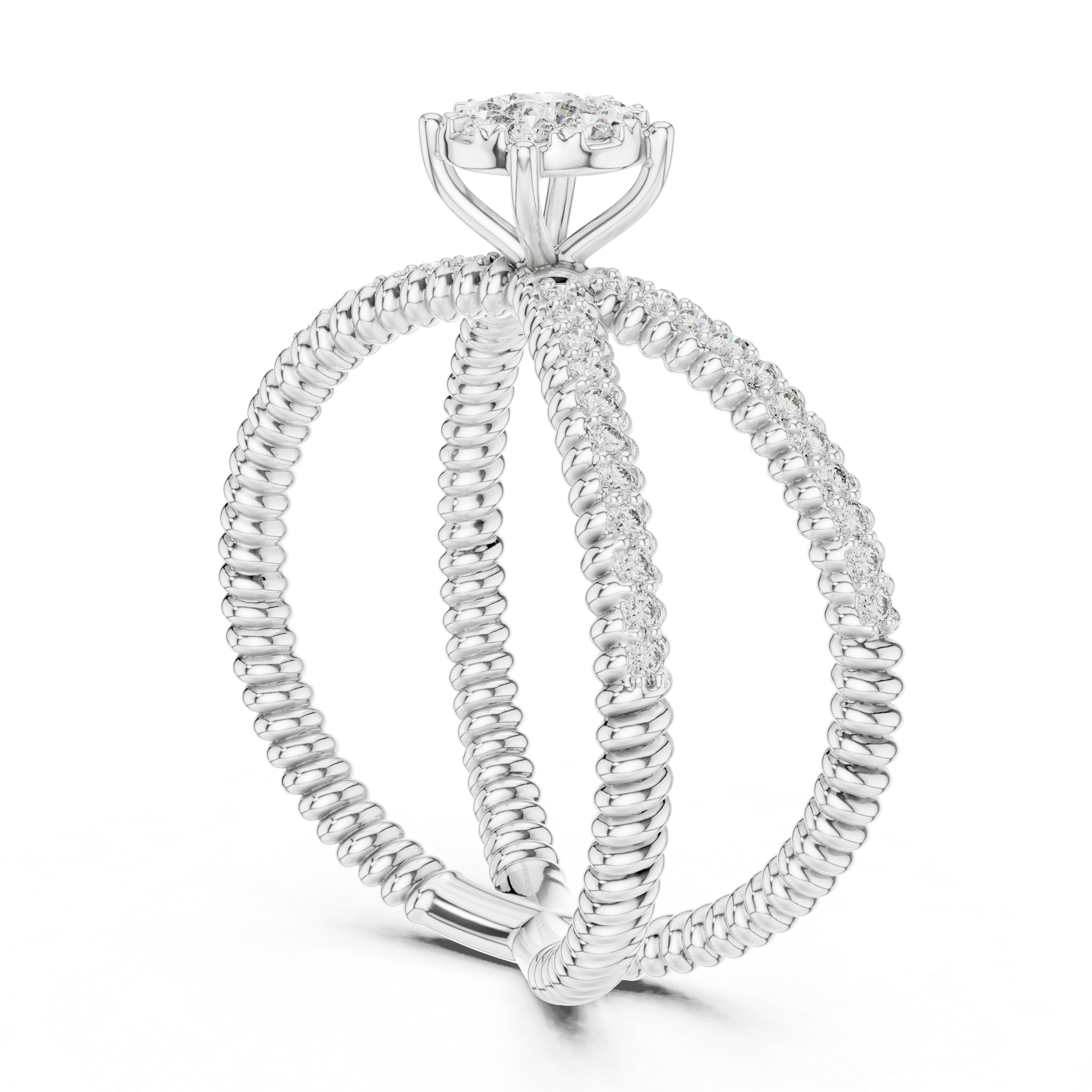 Round Cut Diamond Halo Cluster Crossover Twist Ring