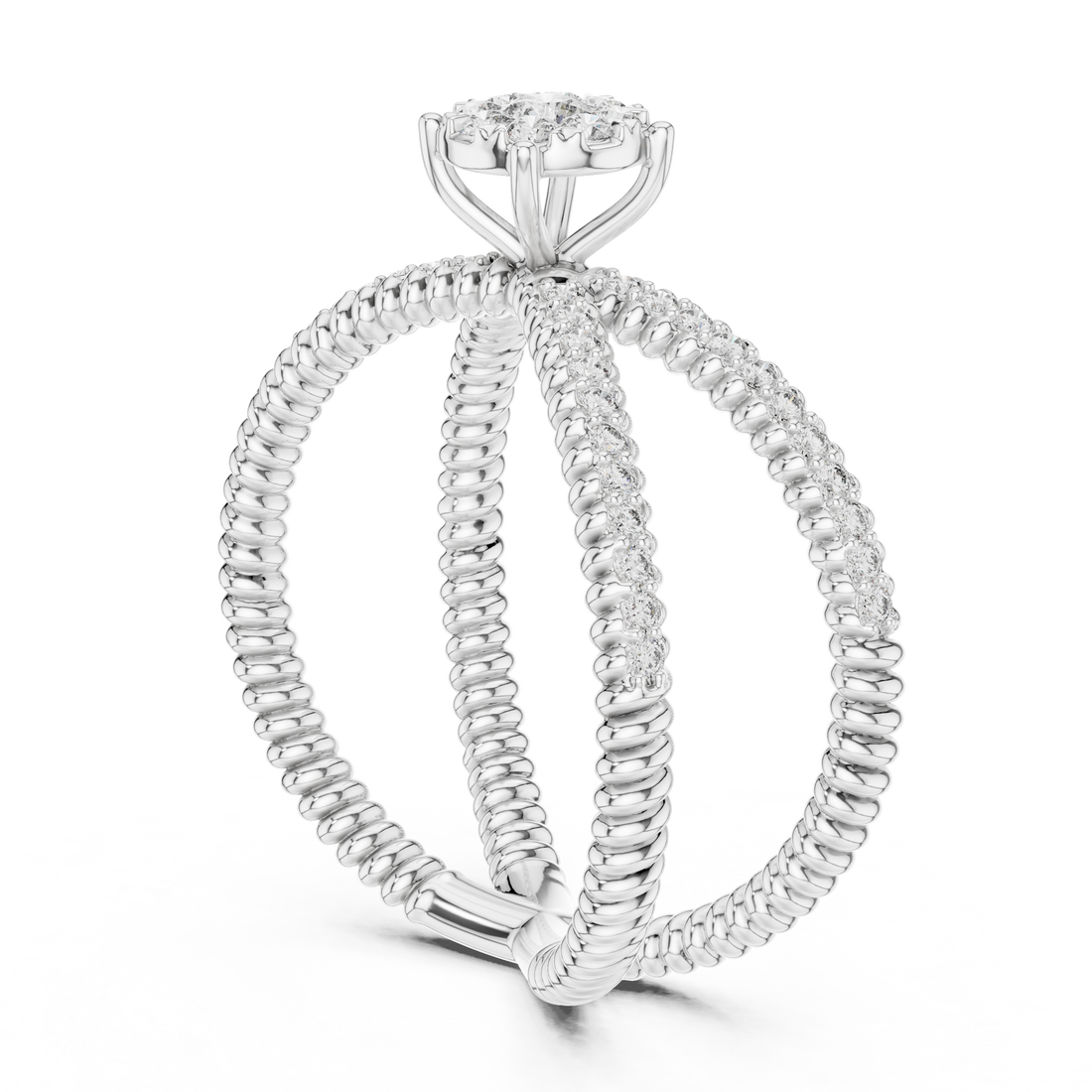 Round Cut Diamond Halo Cluster Crossover Twist Ring