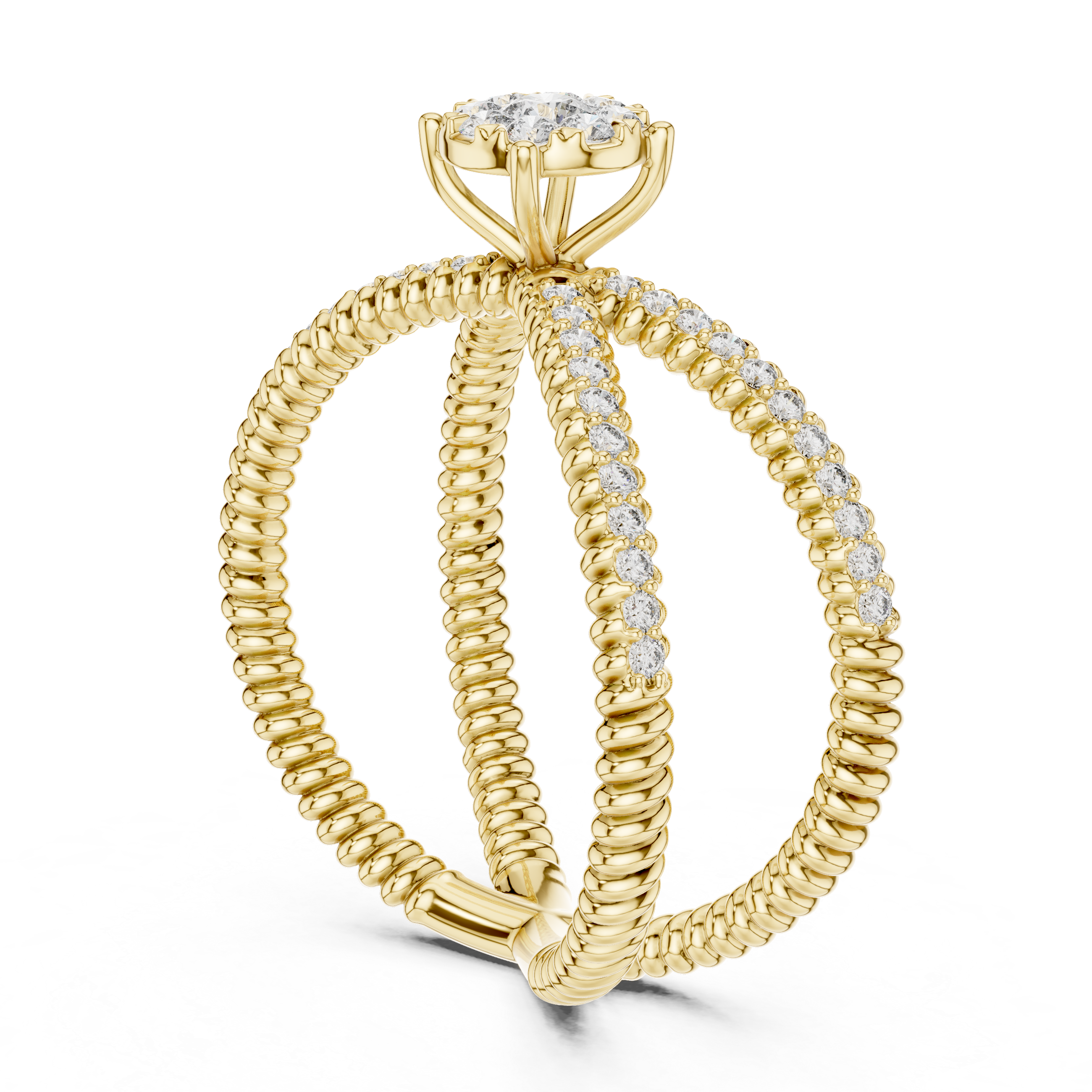 Round Cut Diamond Halo Cluster Crossover Twist Ring