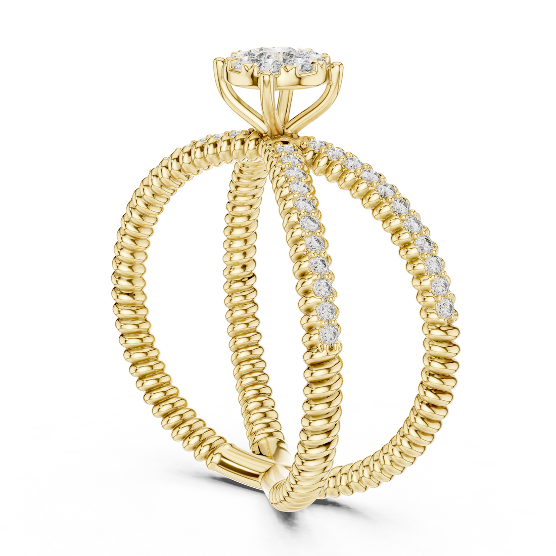 Round Cut Diamond Halo Cluster Crossover Twist Ring