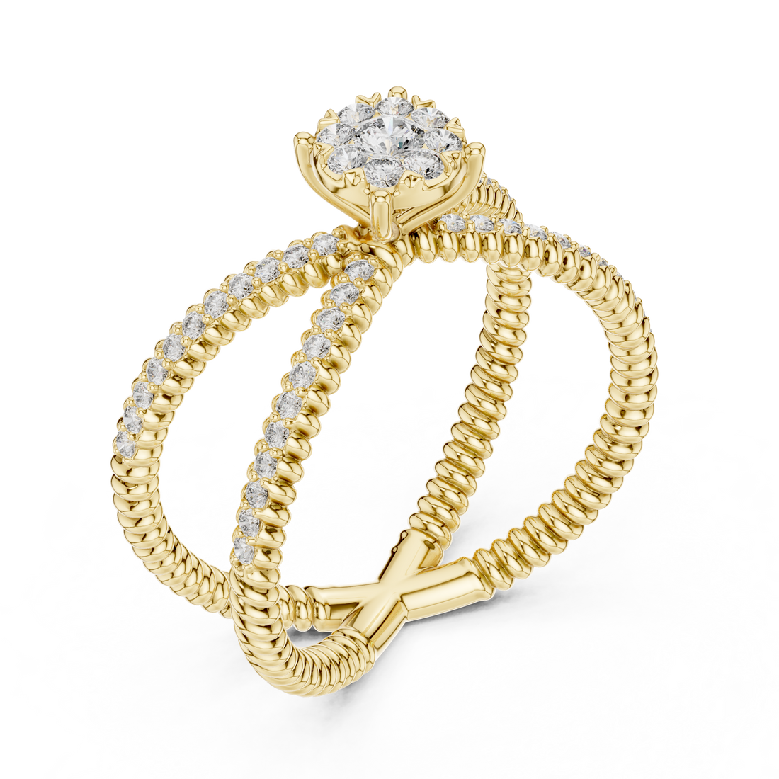 Round Cut Diamond Halo Cluster Crossover Twist Ring
