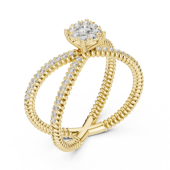 Round Cut Diamond Halo Cluster Crossover Twist Ring