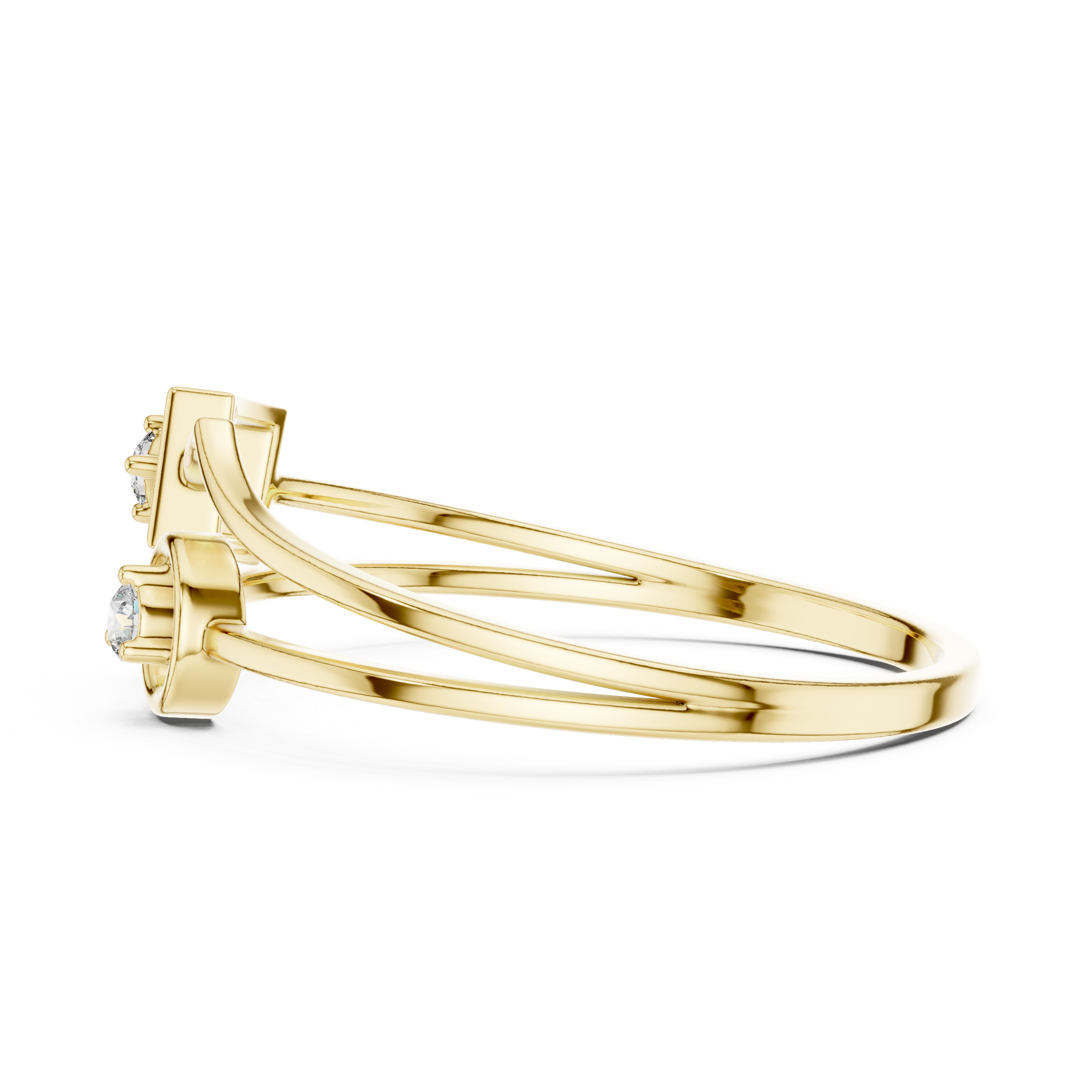 Modern princess-cut engagement ring in smooth yellow gold setting.