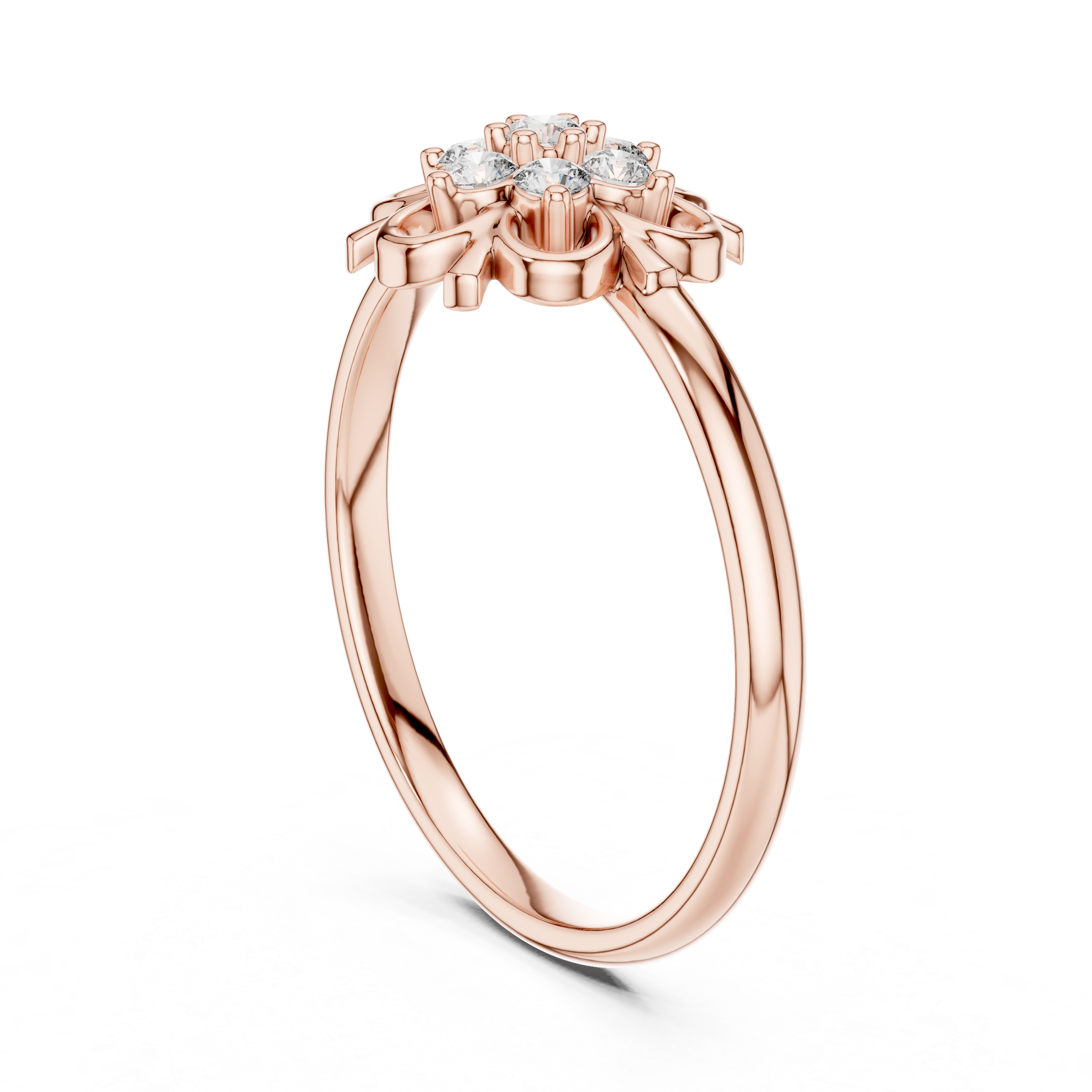 Modern rose gold cushion-cut diamond ring designed with shimmering side stones and a luxurious polished finish.
