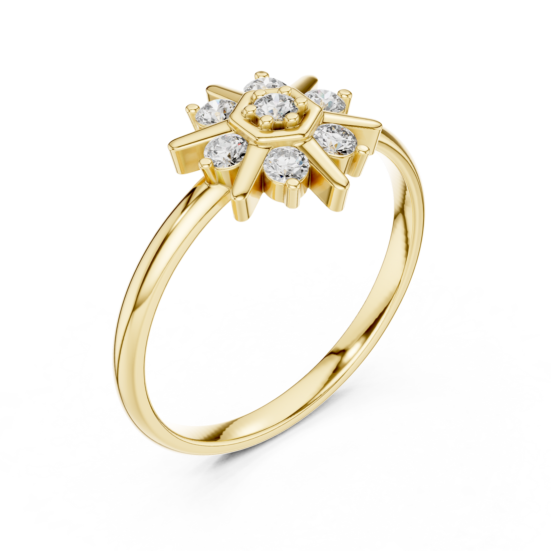 Vintage halo ring with decorative edges.