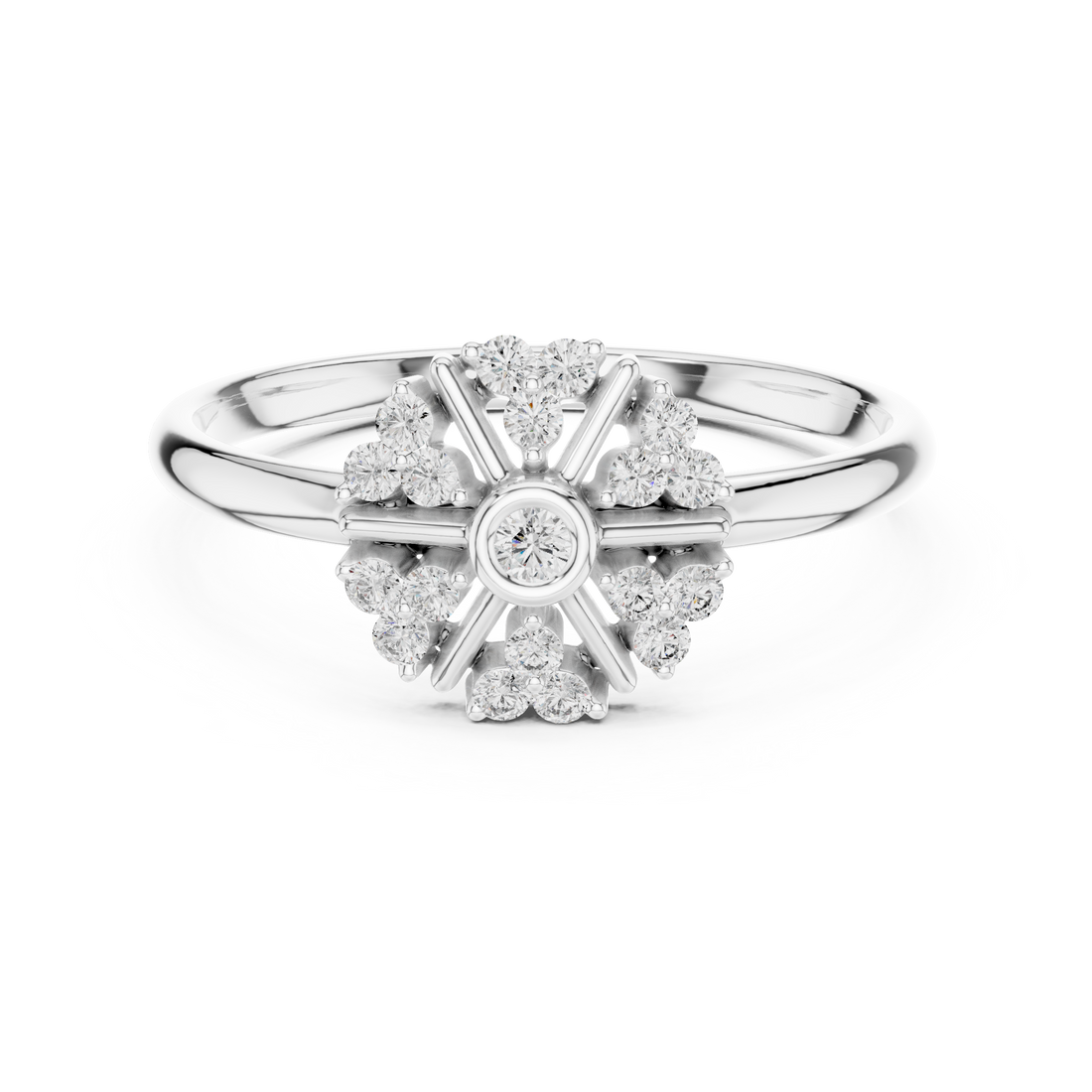 Vintage halo ring with decorative side patterns.