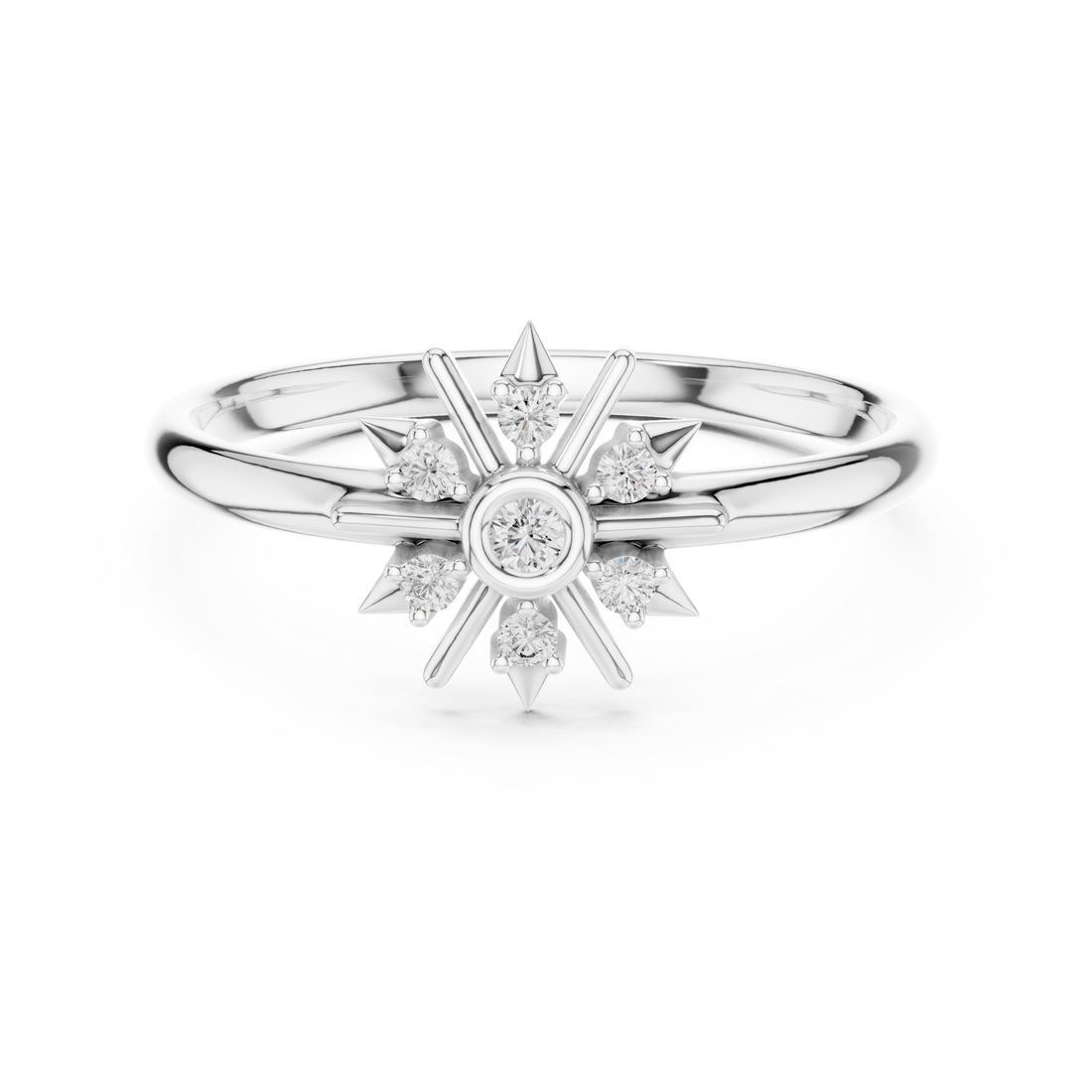 Diamond gemstone ring with polished gold band.