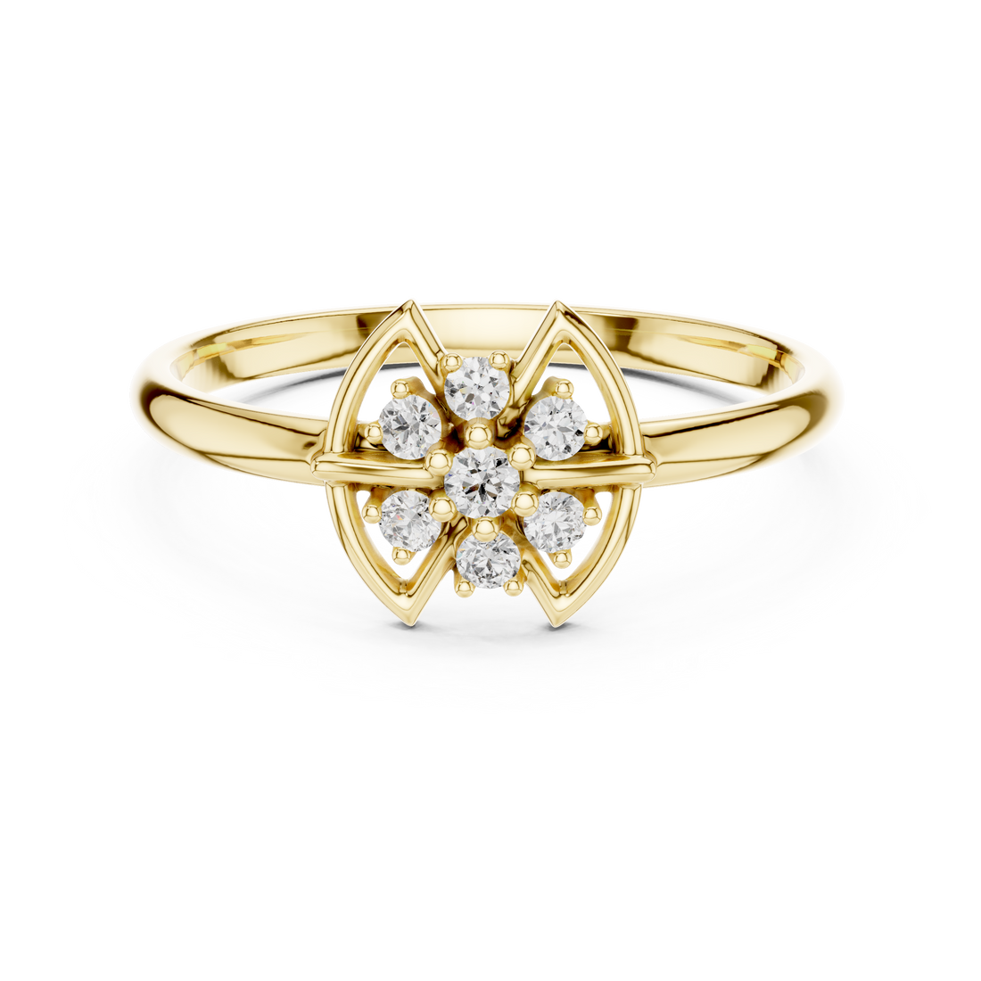 Diamond gemstone ring with polished gold band.