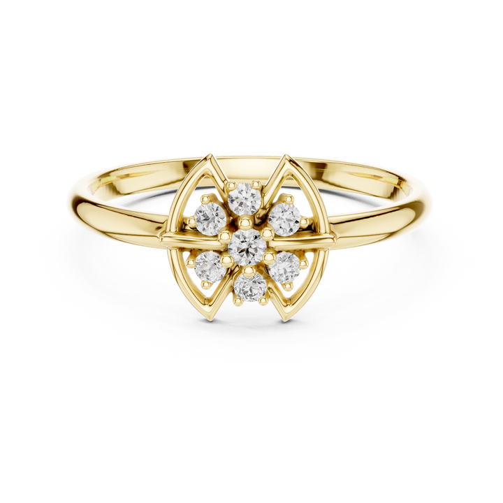 Diamond gemstone ring with polished gold band.