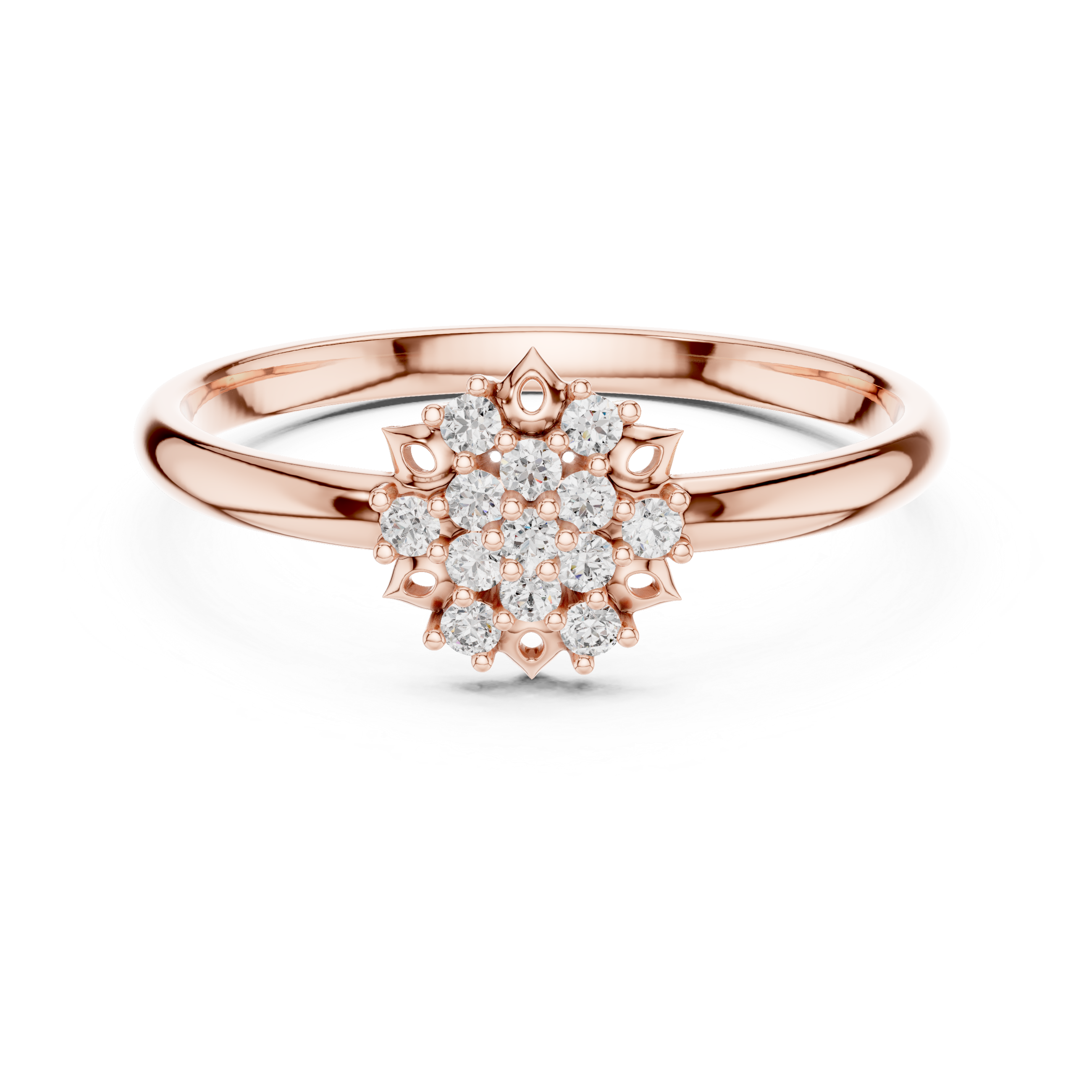 Cushion-cut diamond engagement ring in refined rose gold setting.