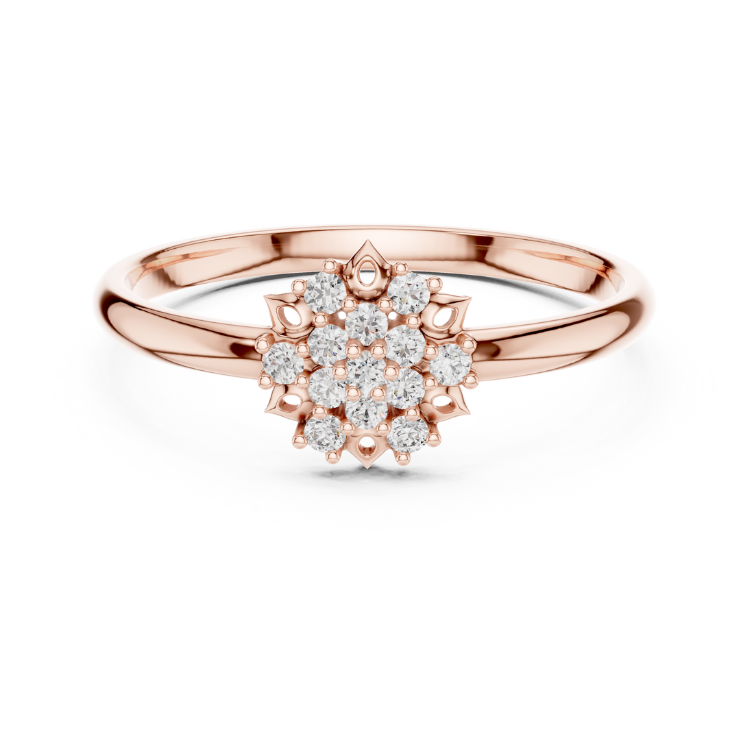 Cushion-cut diamond engagement ring in refined rose gold setting.